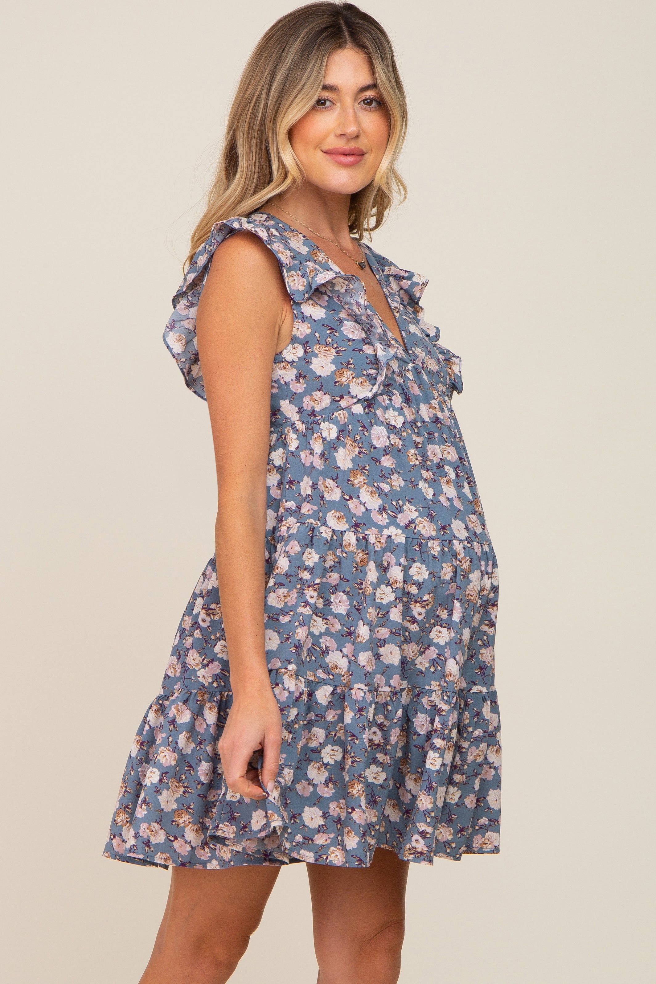 Blue Floral Ruffle Accent Tiered Maternity Dress sold by Pinkblush product image thumbnail 2