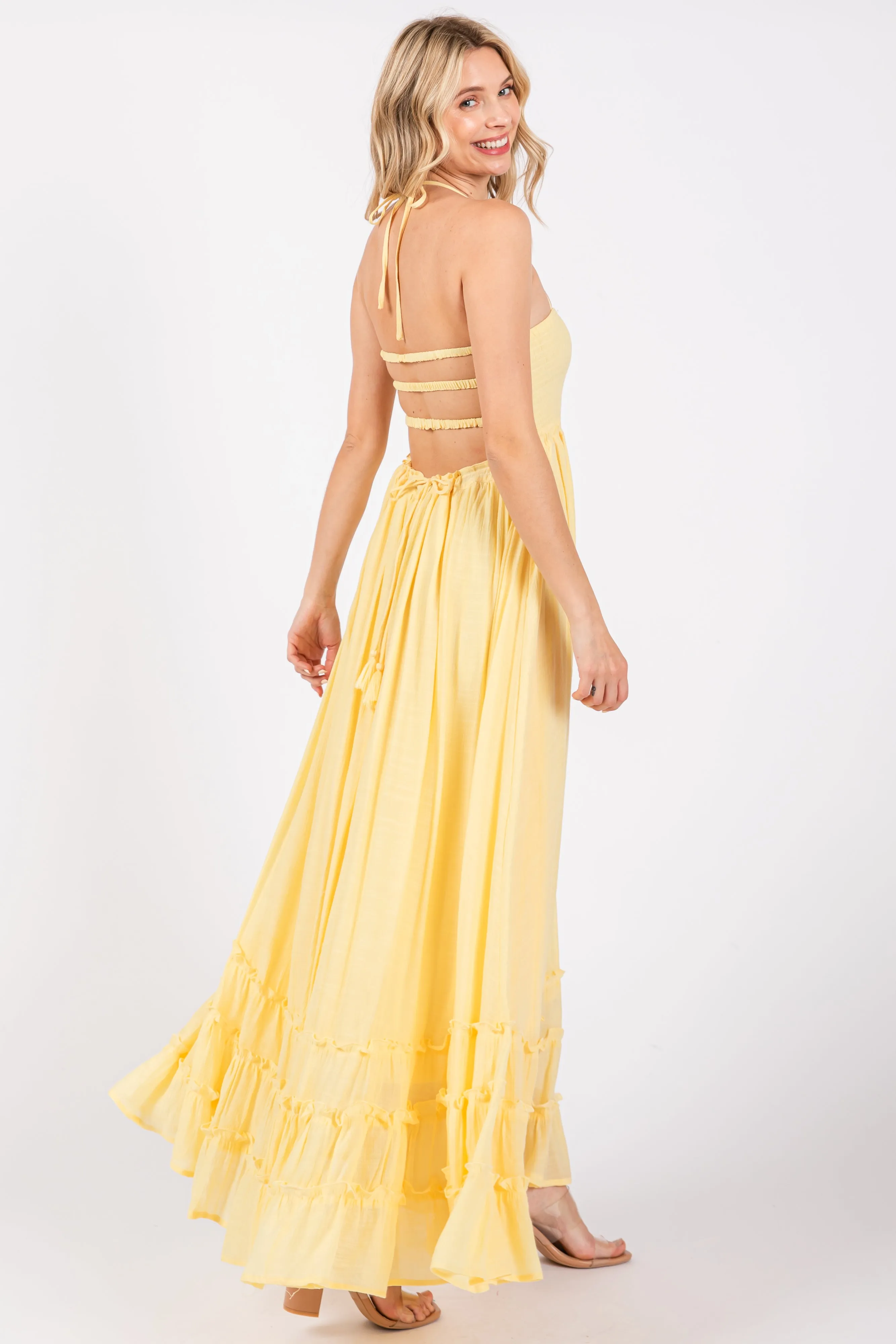 Yellow Smocked Halter Cutout Maxi Dress sold by Pinkblush product image thumbnail 3