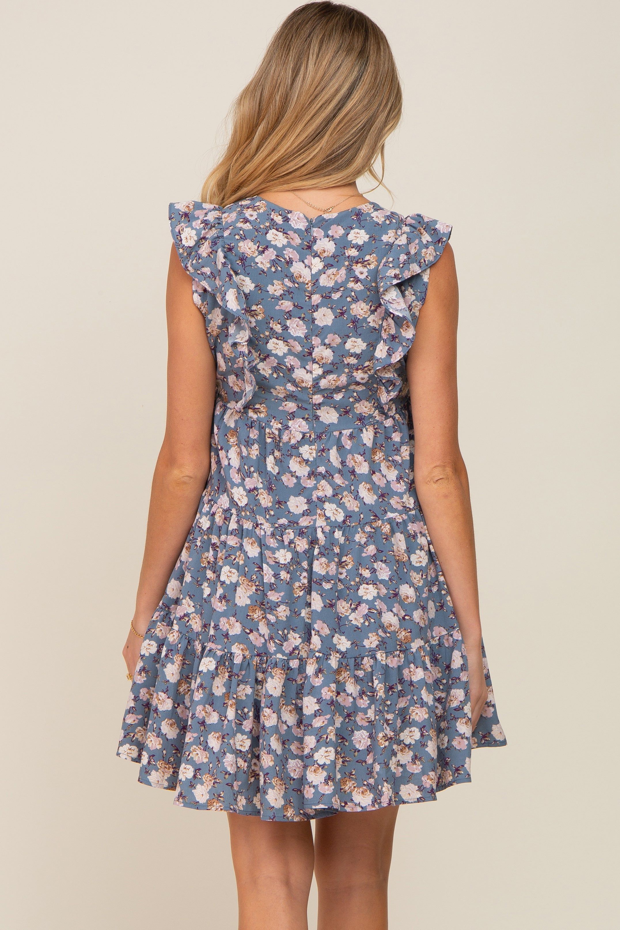 Blue Floral Ruffle Accent Tiered Maternity Dress sold by Pinkblush product image thumbnail 3