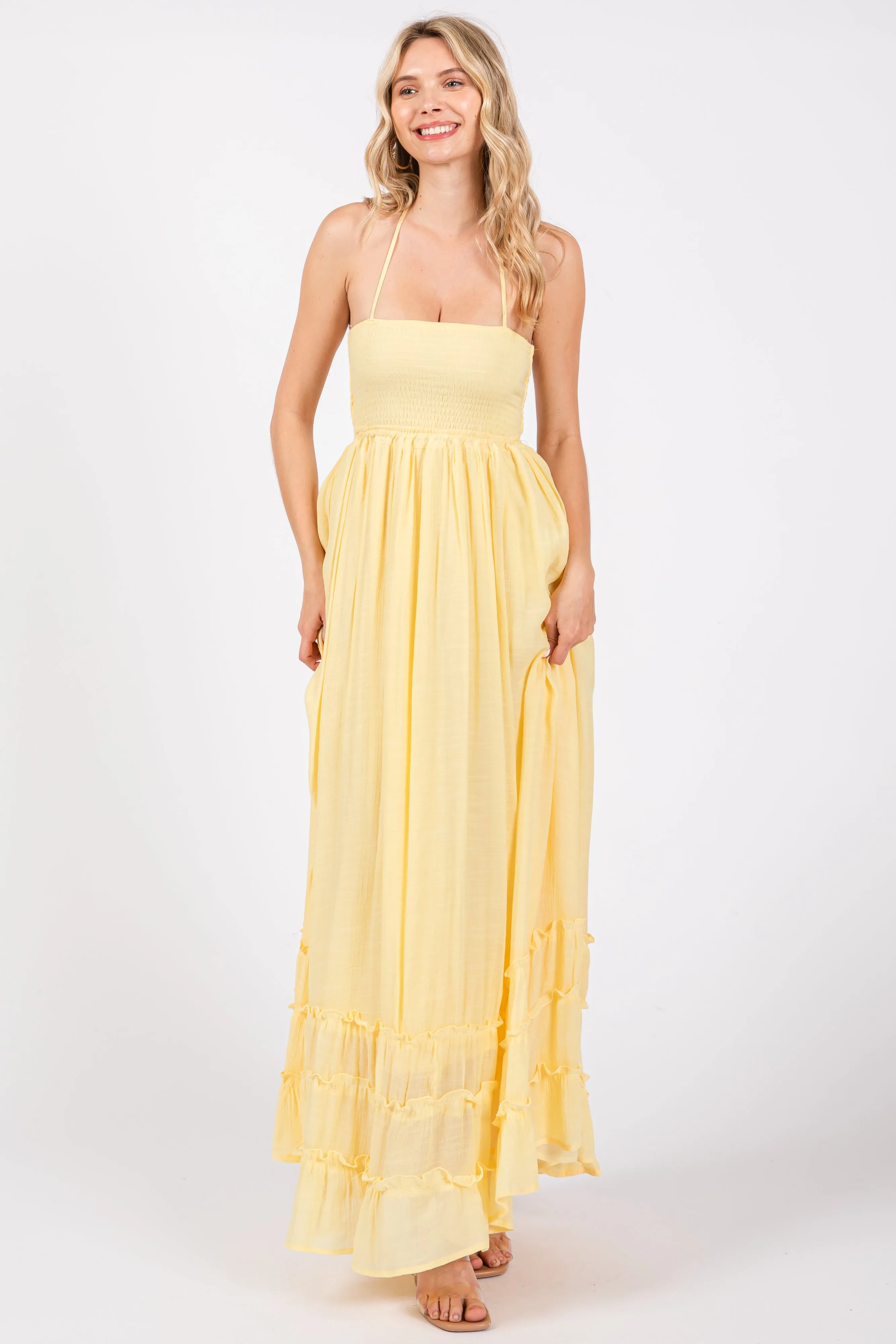Yellow Smocked Halter Cutout Maxi Dress sold by Pinkblush