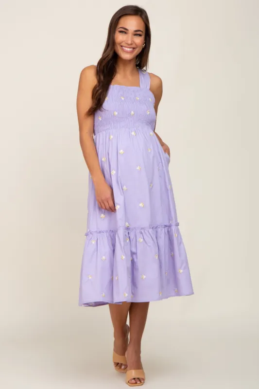 Lavender Sleeveless Floral Embroidered Maternity Midi Dress sold by Pinkblush