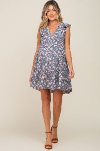 Blue Floral Ruffle Accent Tiered Maternity Dress sold by Pinkblush