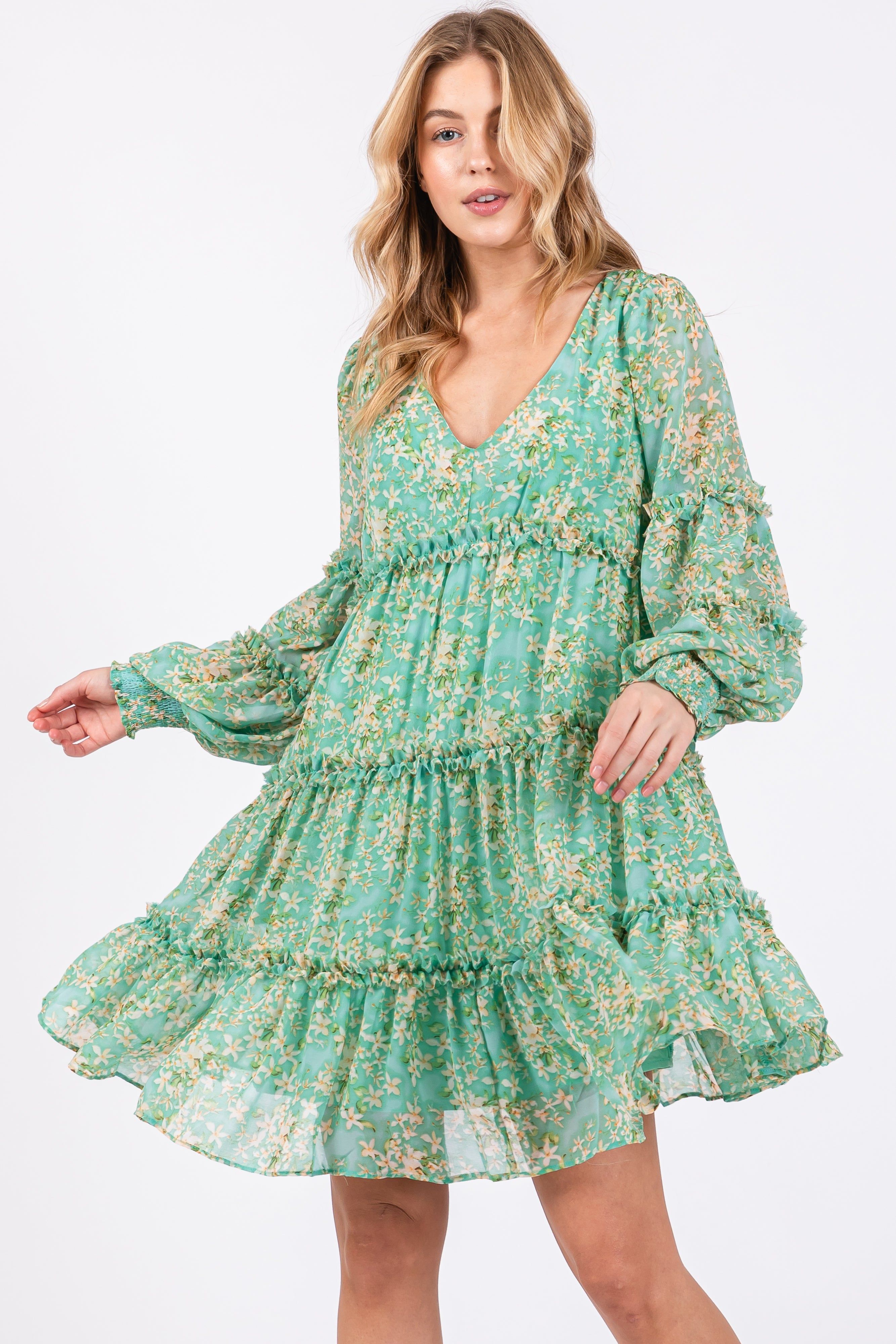 Jade Floral Ruffle Tiered Dress sold by Pinkblush