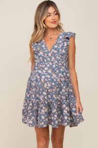 Blue Floral Ruffle Accent Tiered Maternity Dress sold by Pinkblush