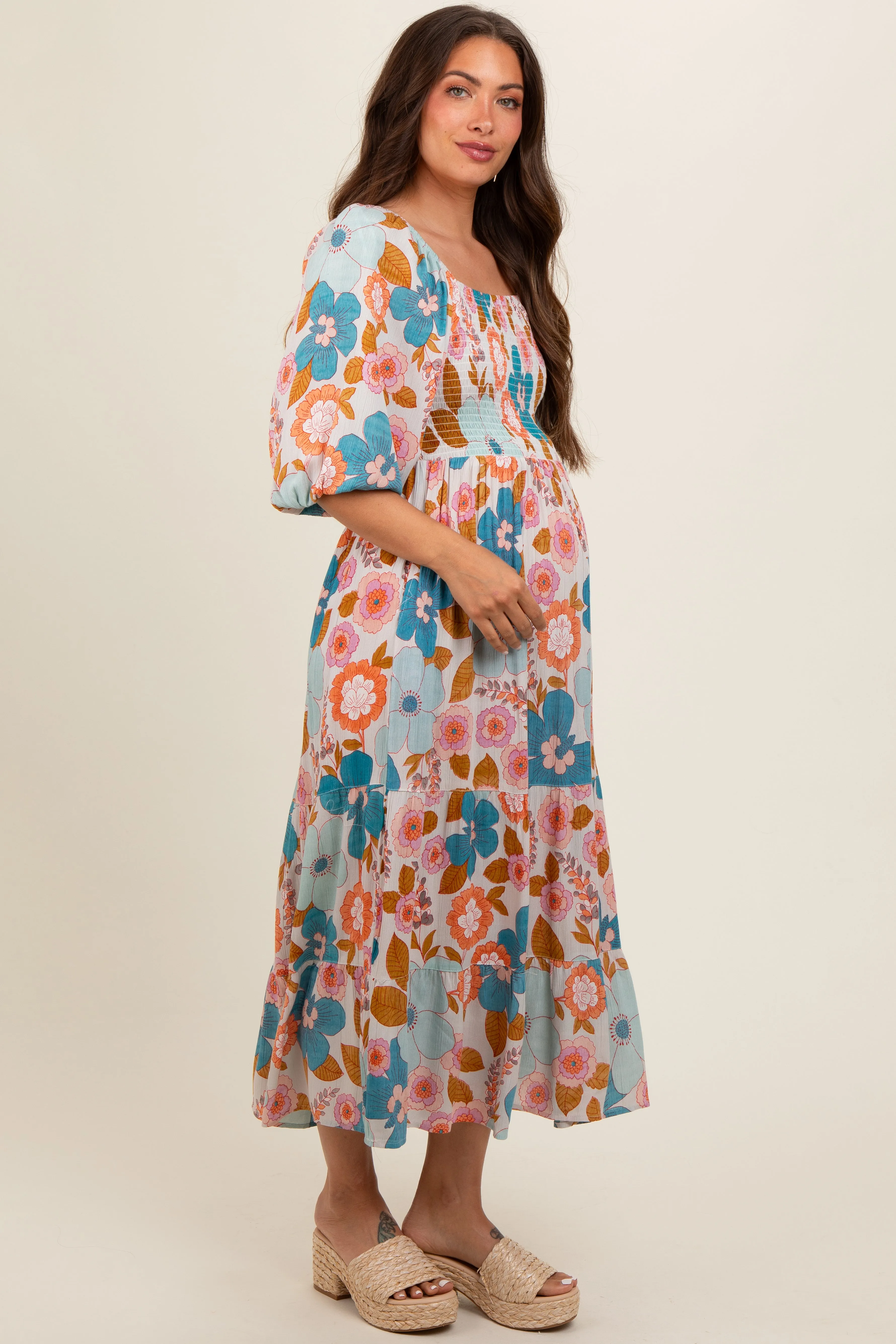 Light Blue Floral Smocked Square Neck Tiered Maternity Midi Dress sold by Pinkblush product image thumbnail 3