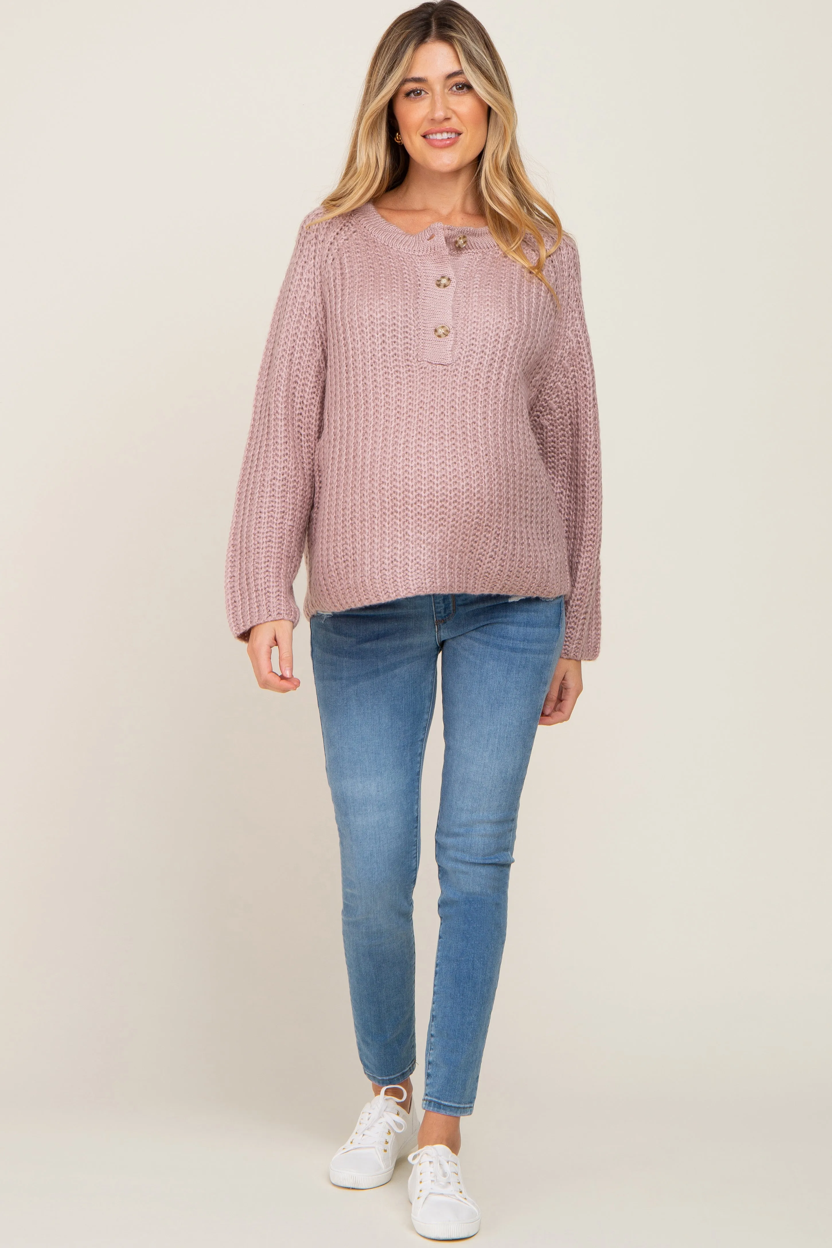 Mauve Open Knit Button Front Maternity Sweater sold by Pinkblush product image thumbnail 4