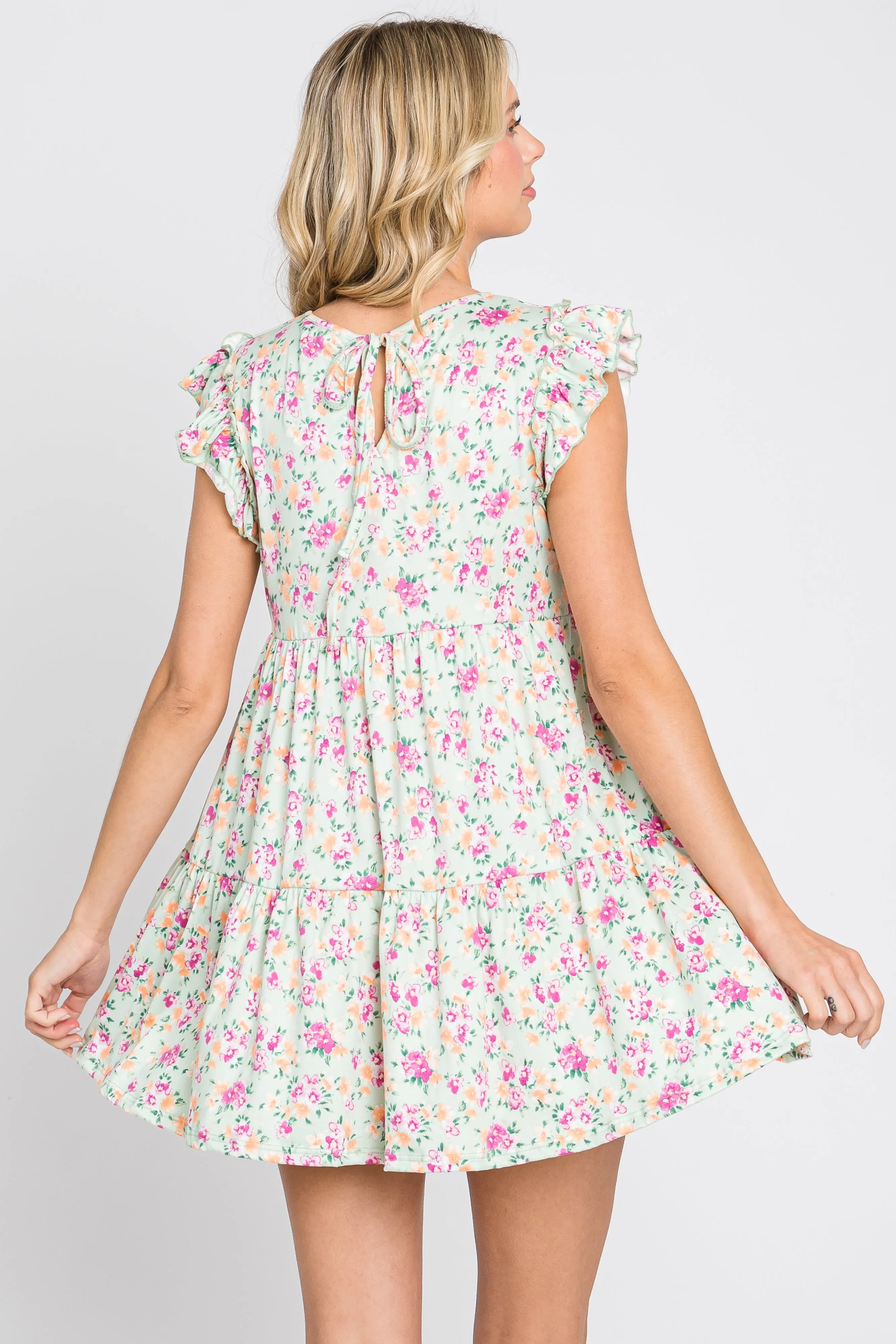 Light Green Floral Ruffle Accent Mini Dress sold by Pinkblush product image thumbnail 4