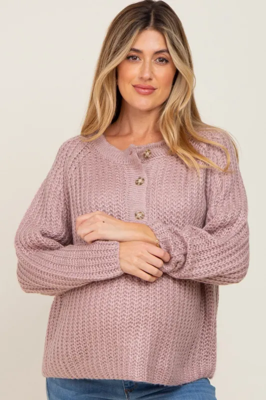 Mauve Open Knit Button Front Maternity Sweater sold by Pinkblush