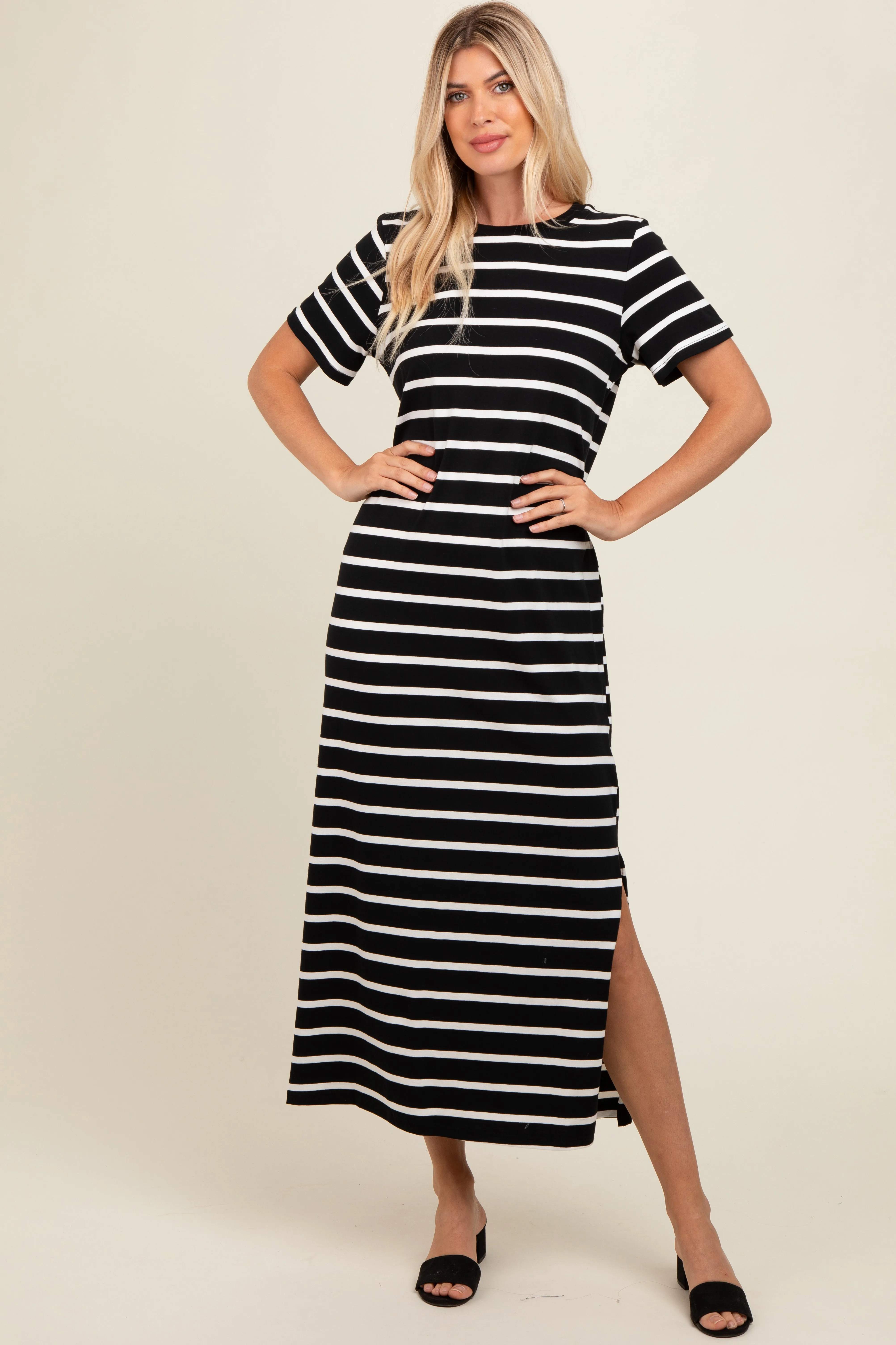 Black Striped Side Slit Maternity Maxi Dress sold by Pinkblush product image thumbnail 4