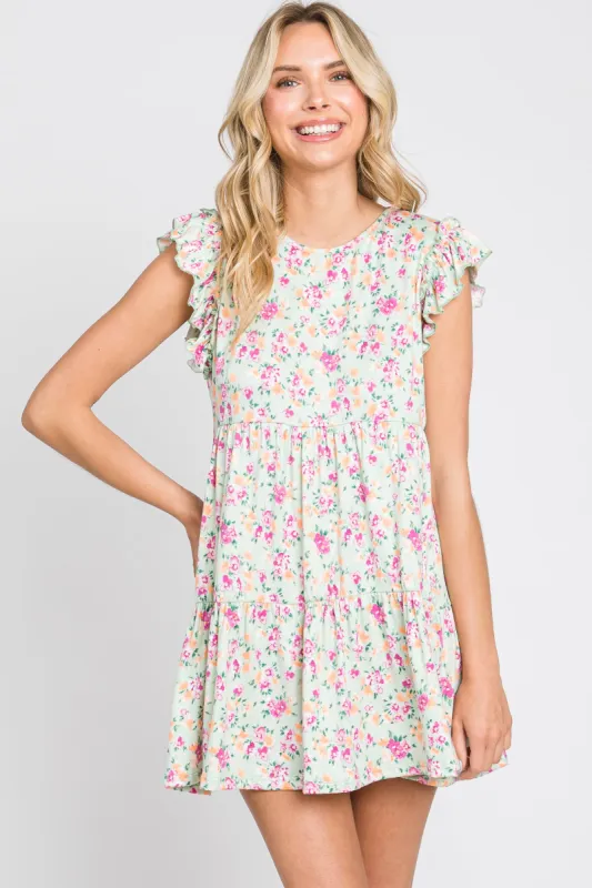 Light Green Floral Ruffle Accent Mini Dress sold by Pinkblush