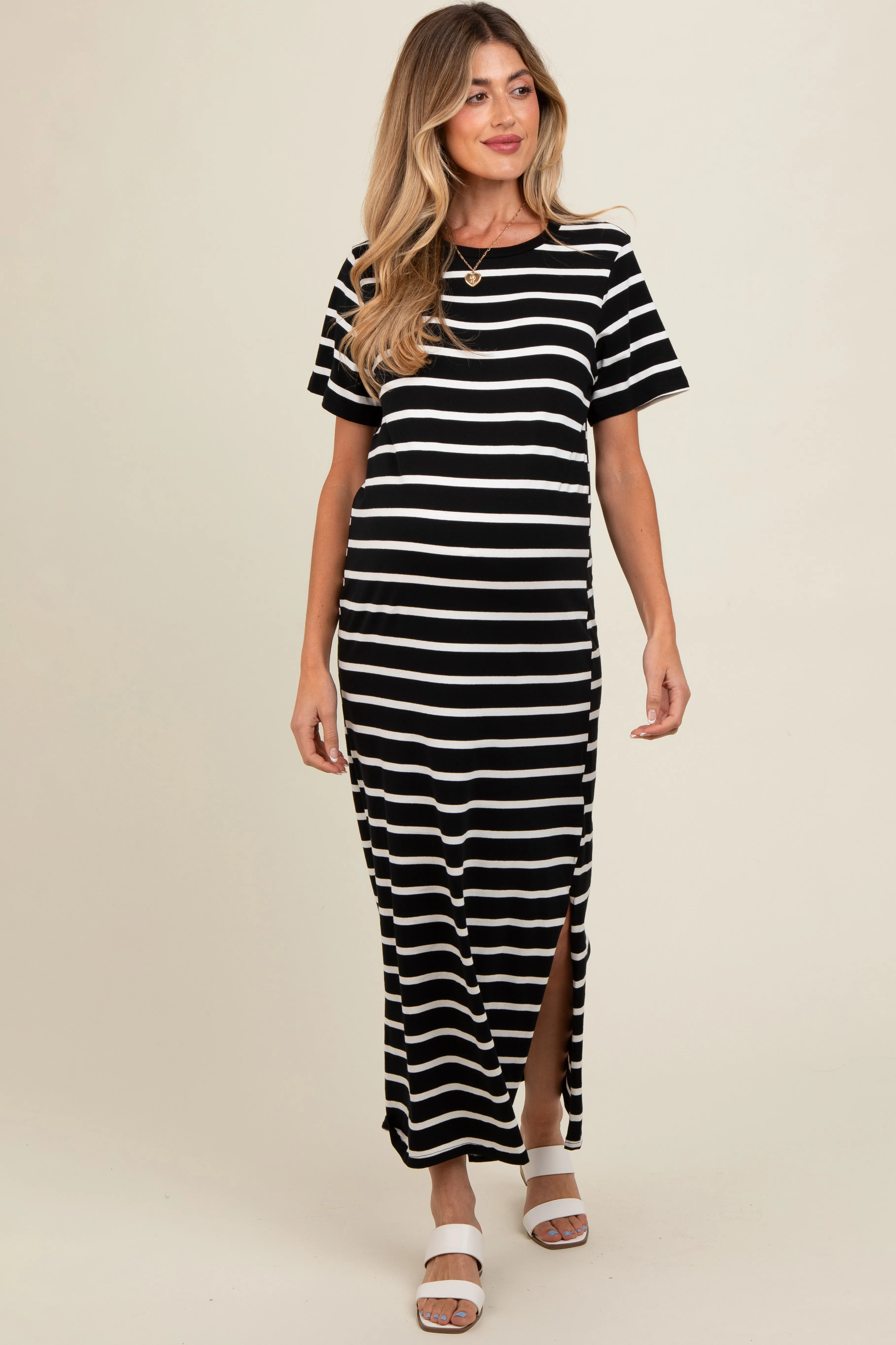 Black Striped Side Slit Maternity Maxi Dress sold by Pinkblush