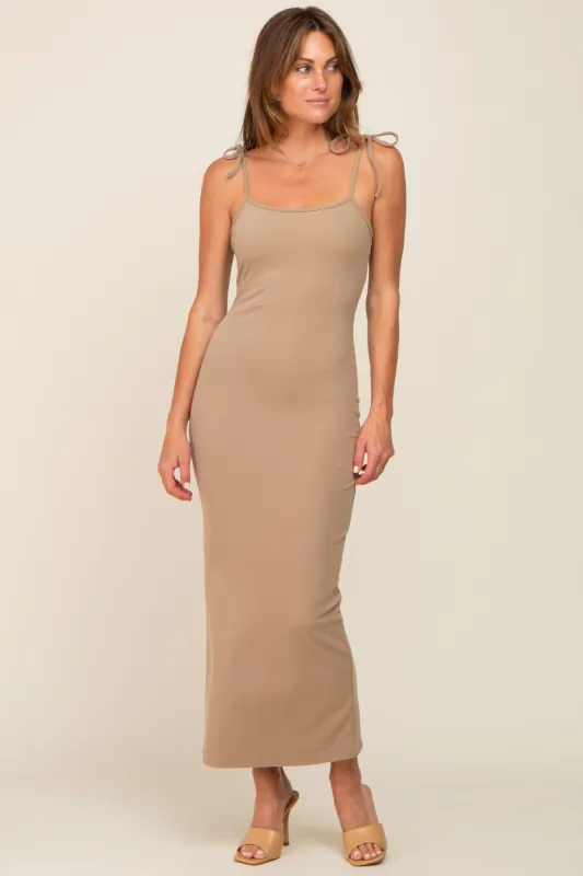 Taupe Soft Knit Shoulder Tie Maxi Dress sold by Pinkblush