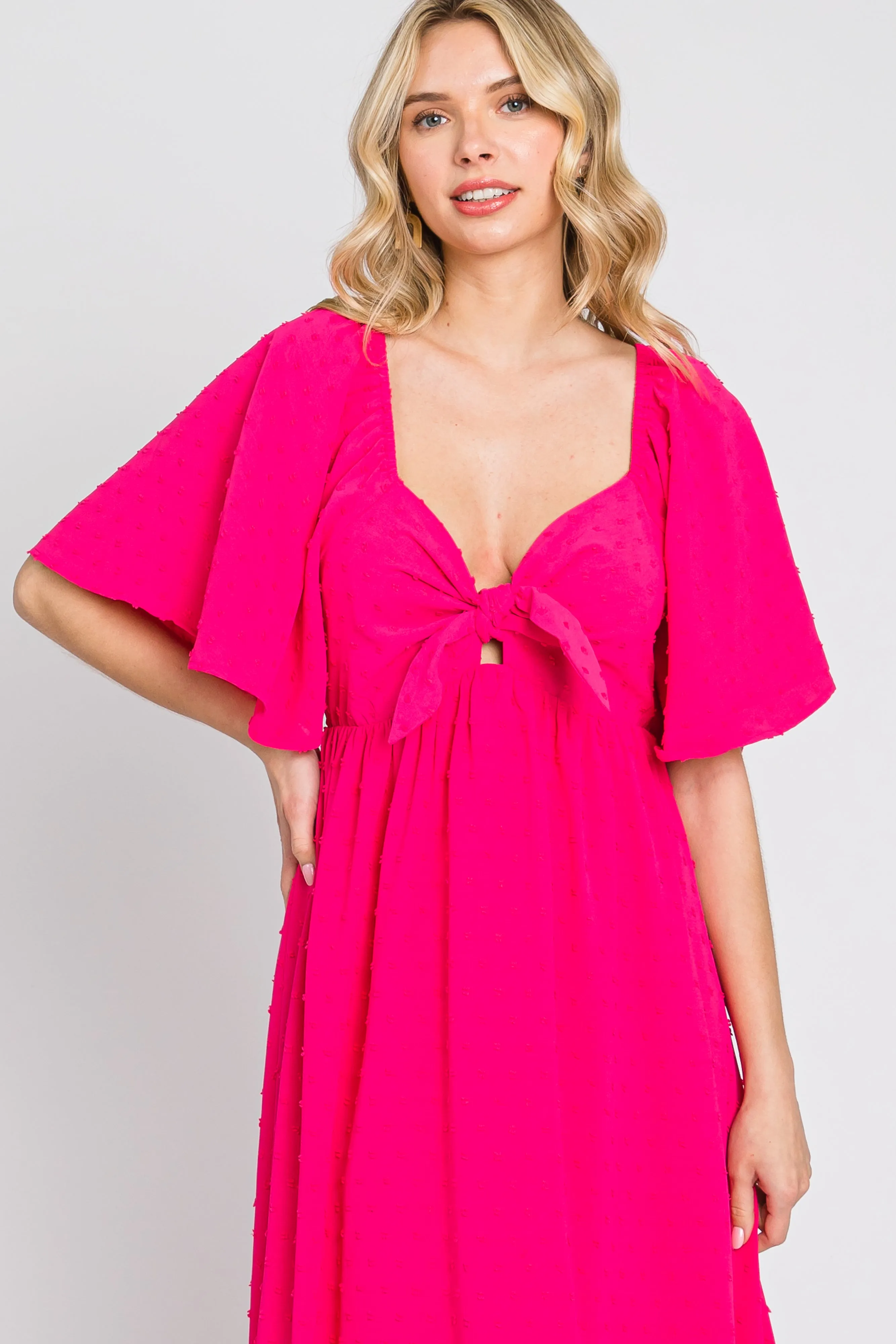 Fuchsia Textured Dot Front Tie Ruffle Sleeve Midi Dress sold by Pinkblush product image thumbnail 4