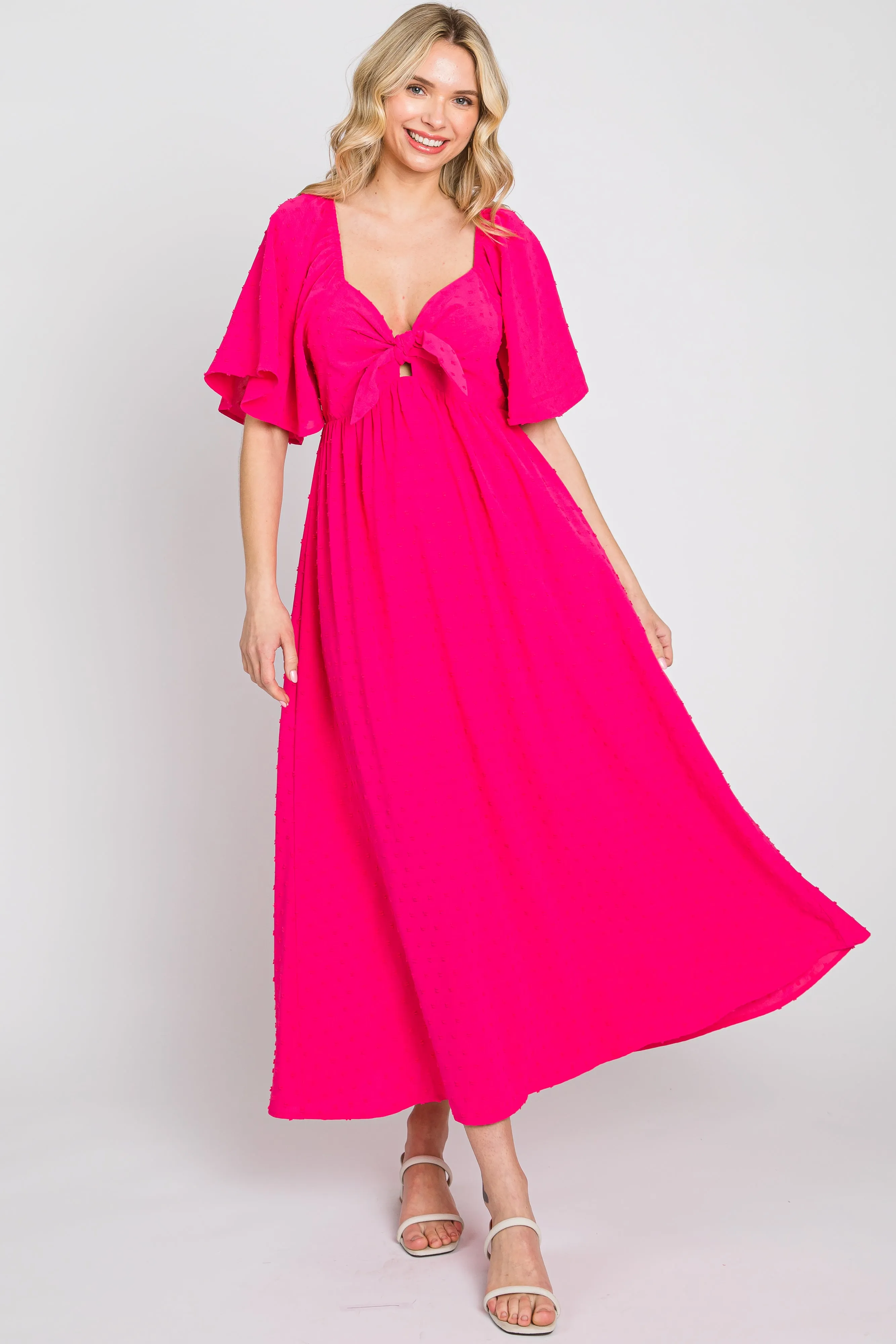 Fuchsia Textured Dot Front Tie Ruffle Sleeve Midi Dress sold by Pinkblush