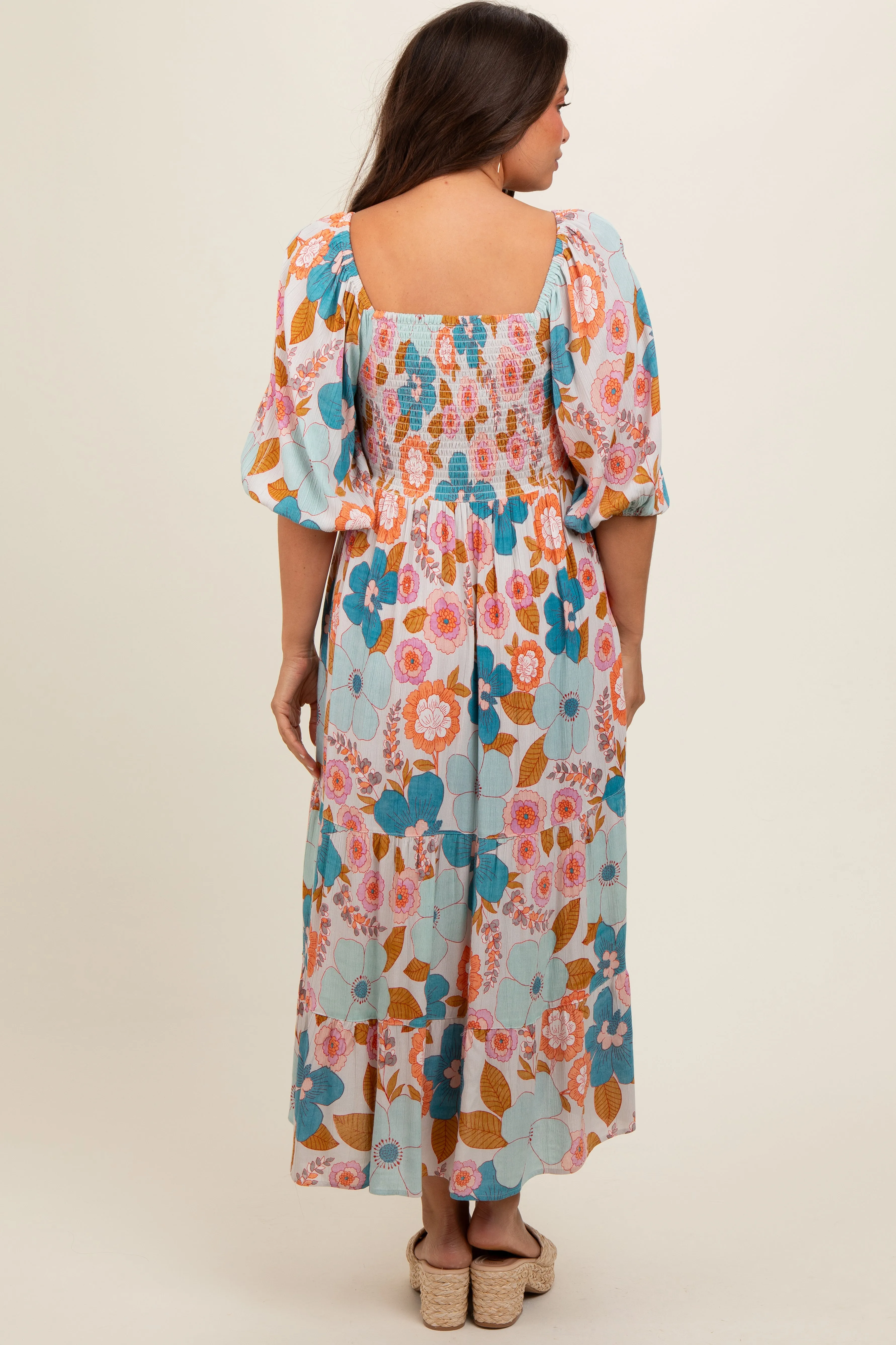 Light Blue Floral Smocked Square Neck Tiered Maternity Midi Dress sold by Pinkblush product image thumbnail 4