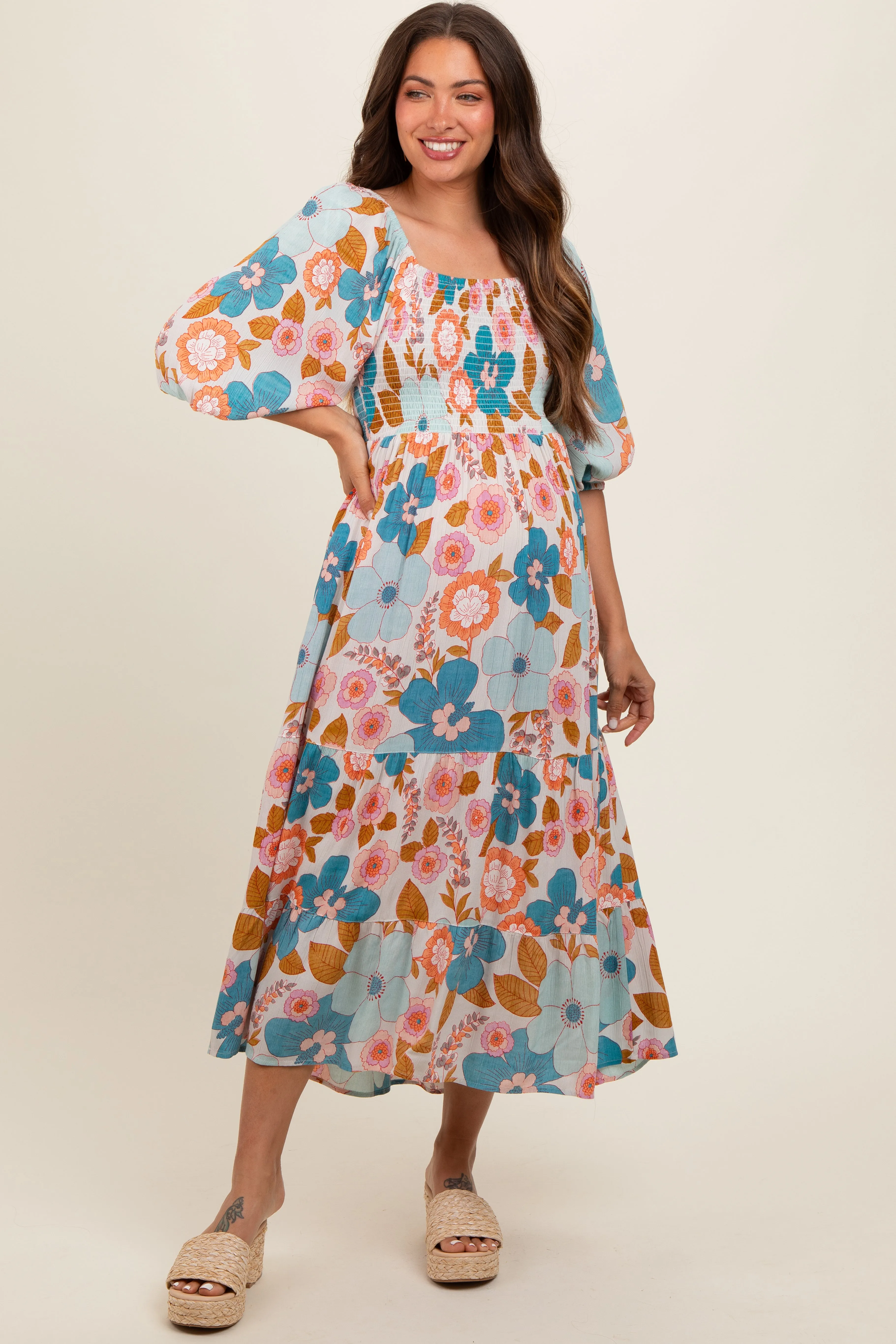 Light Blue Floral Smocked Square Neck Tiered Maternity Midi Dress sold by Pinkblush