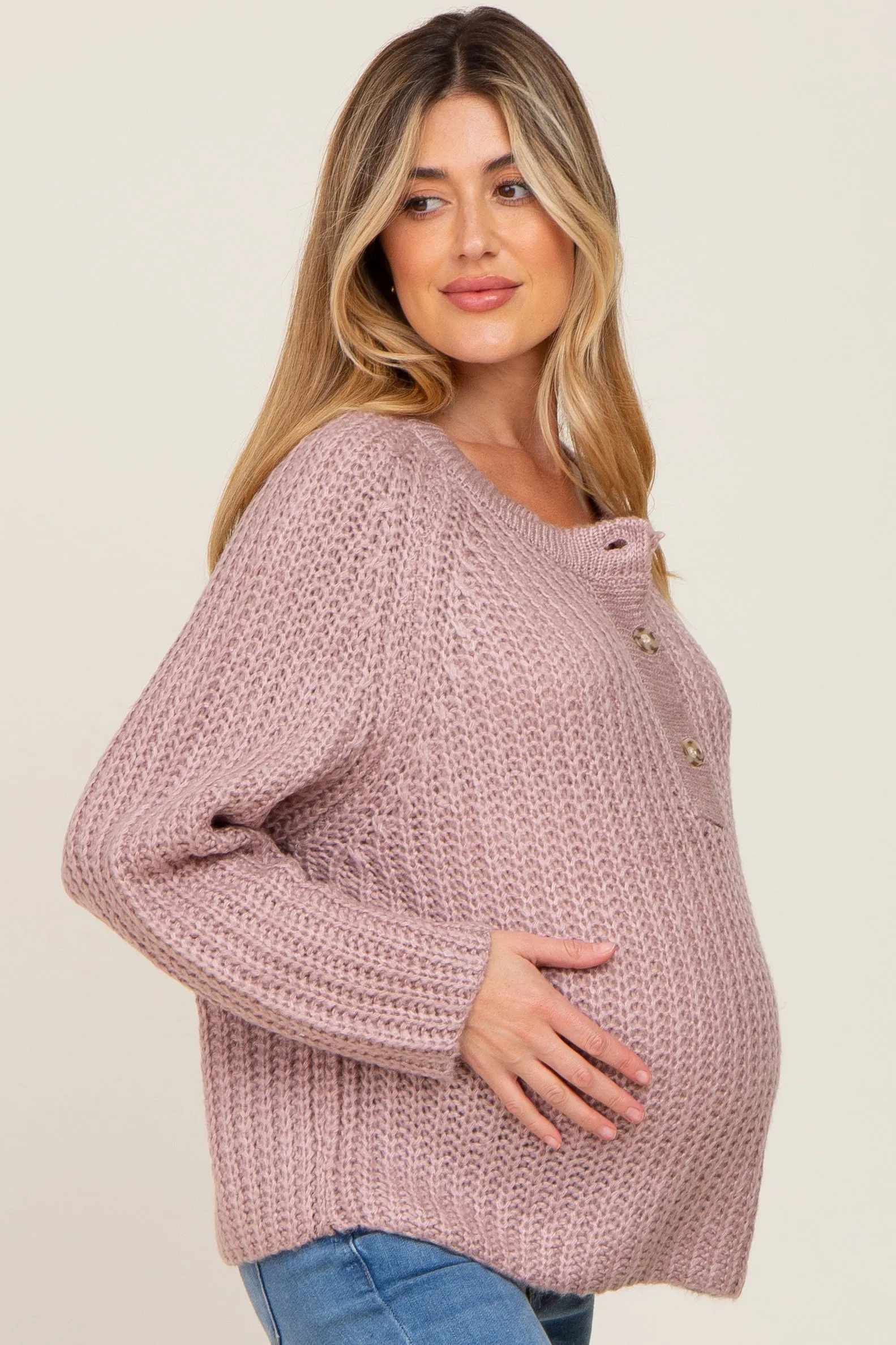 Mauve Open Knit Button Front Maternity Sweater sold by Pinkblush product image thumbnail 2