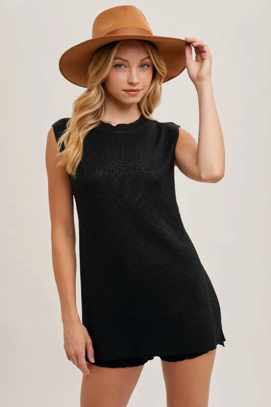 Black Sleeveless Side Slit & Short Knit Sweater Set sold by Pinkblush