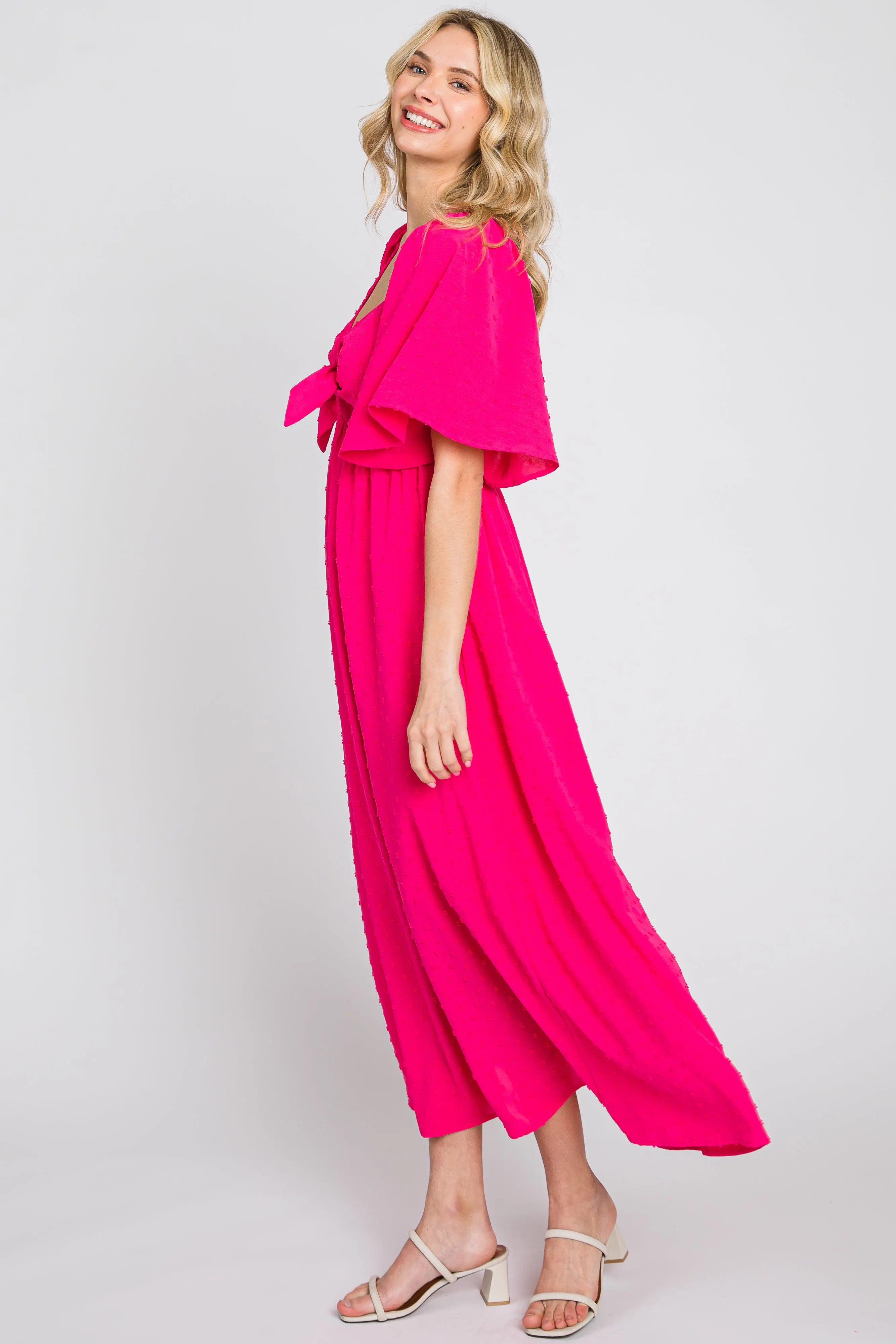 Fuchsia Textured Dot Front Tie Ruffle Sleeve Midi Dress sold by Pinkblush product image thumbnail 2