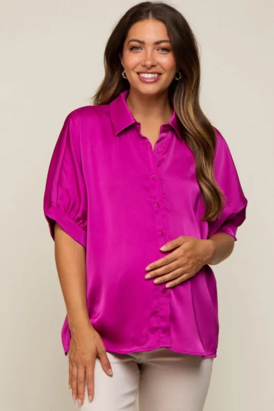 Magenta Satin Button Up Maternity Top sold by Pinkblush