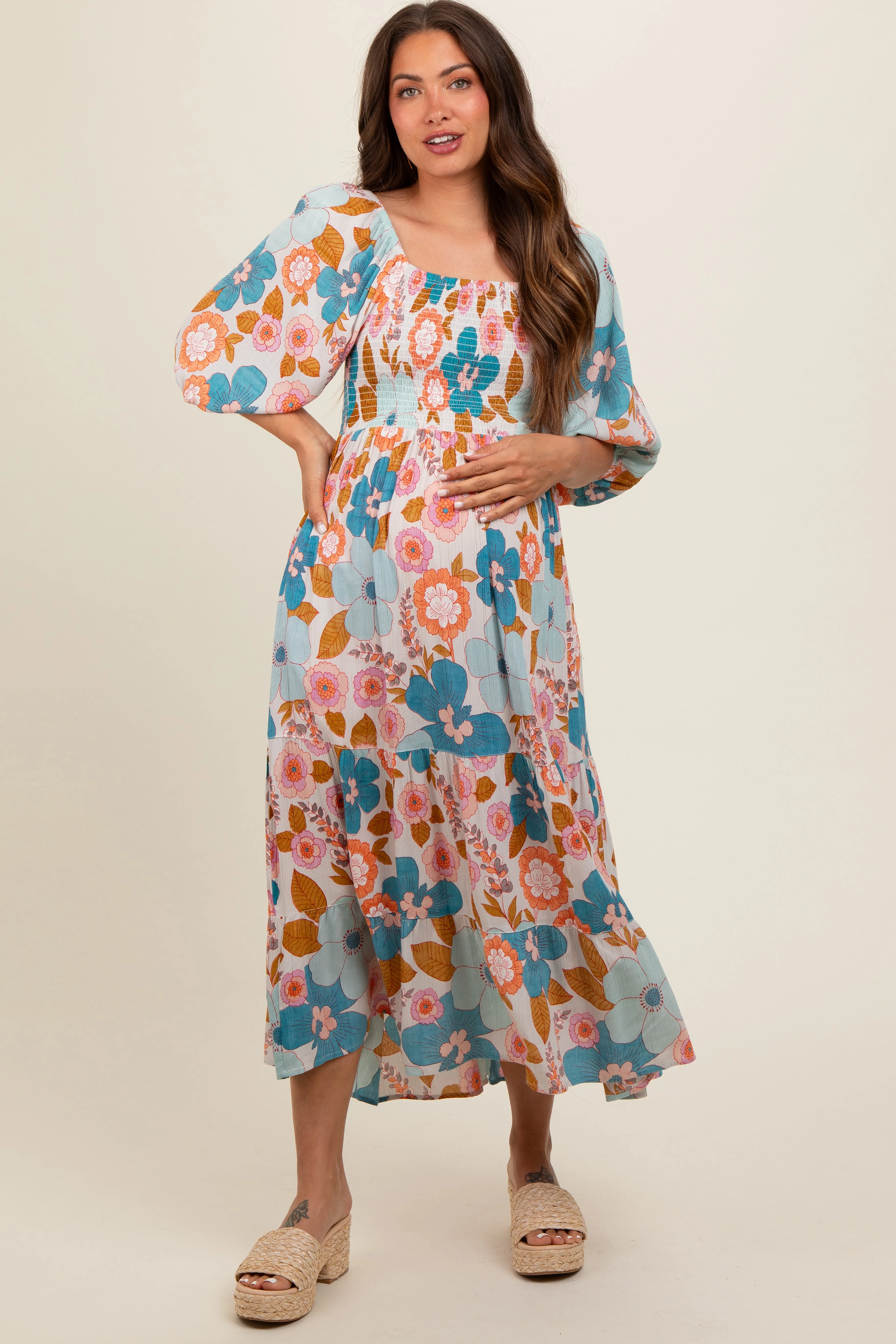 Light Blue Floral Smocked Square Neck Tiered Maternity Midi Dress sold by Pinkblush product image thumbnail 2