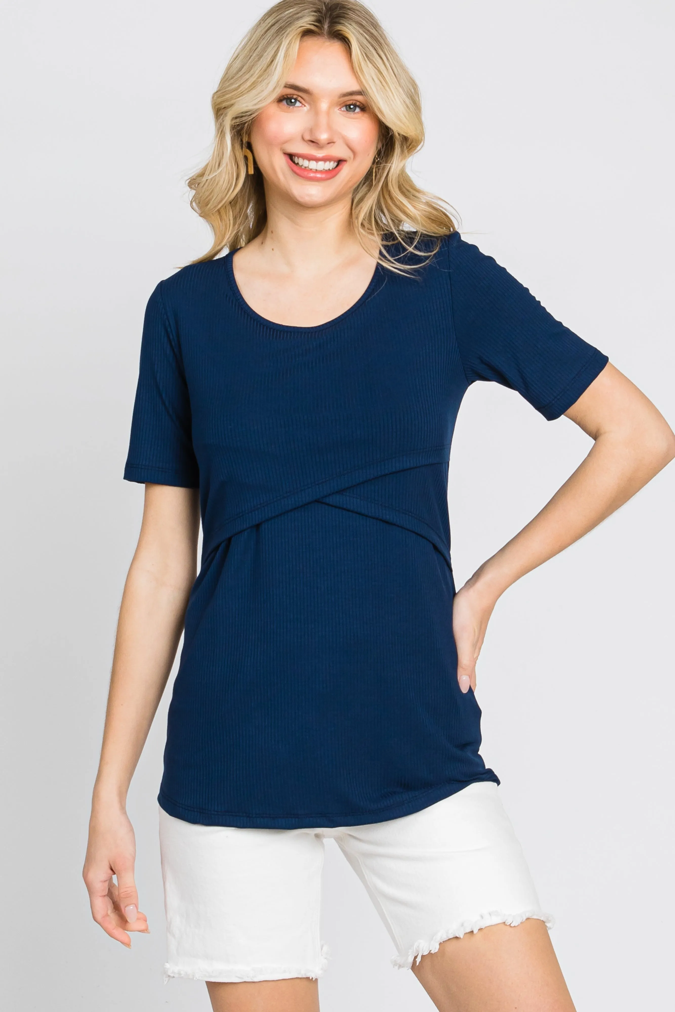 Navy Blue Ribbed Wrap Front Nursing Top sold by Pinkblush product image thumbnail 2