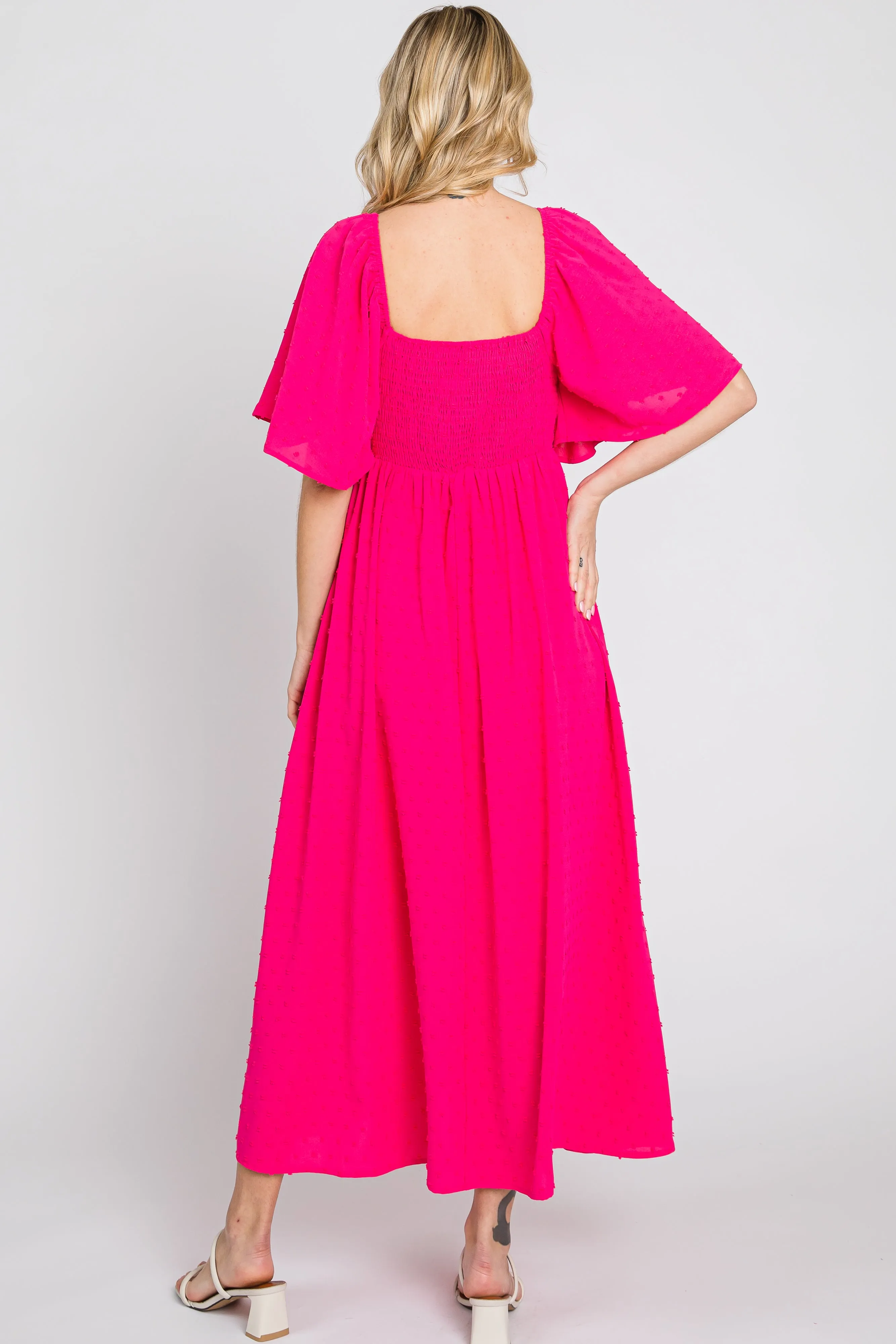 Fuchsia Textured Dot Front Tie Ruffle Sleeve Midi Dress sold by Pinkblush product image thumbnail 3