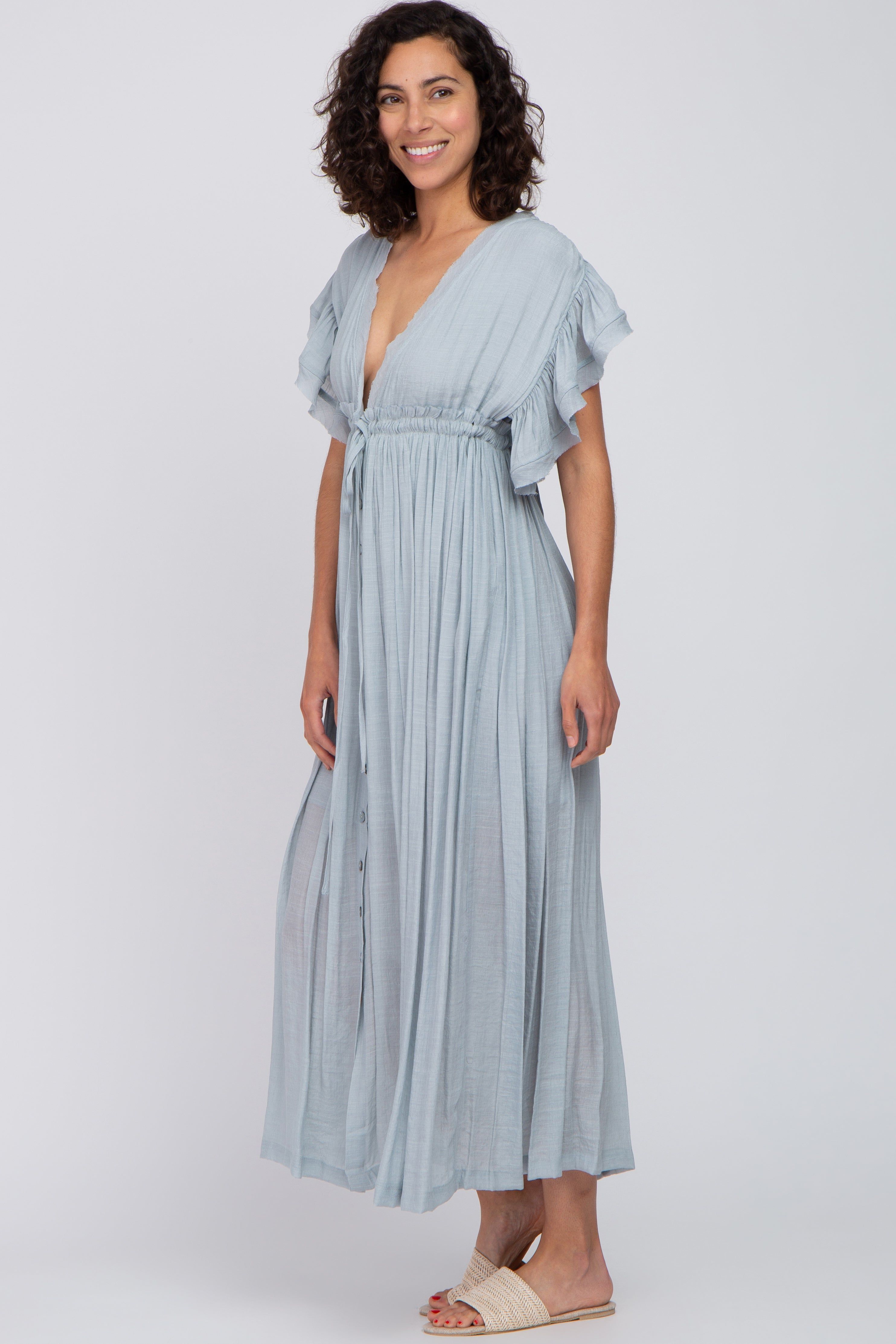 Light Blue Deep V-Neck Button Down Maxi Dress sold by Pinkblush product image thumbnail 2