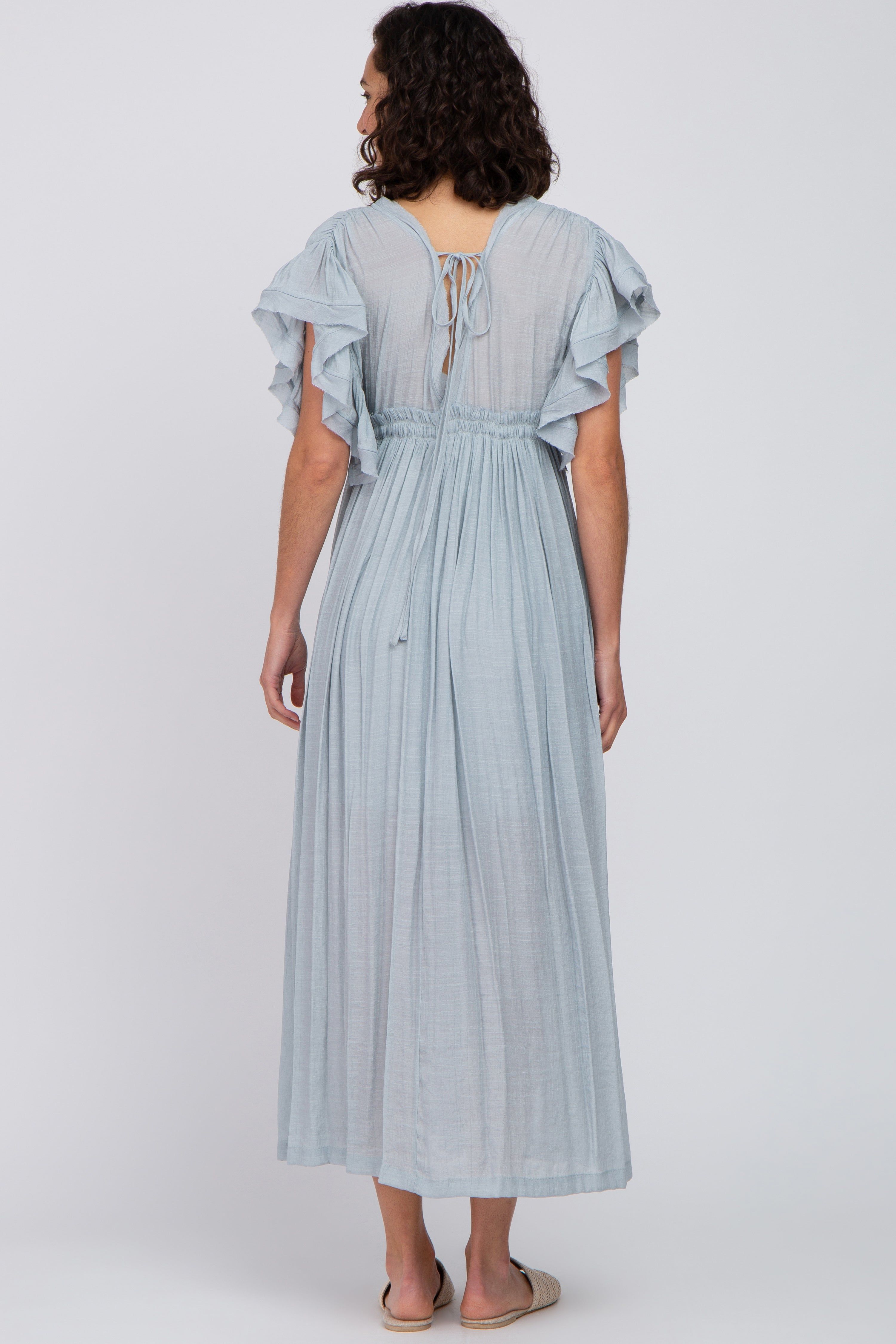Light Blue Deep V-Neck Button Down Maxi Dress sold by Pinkblush product image thumbnail 3