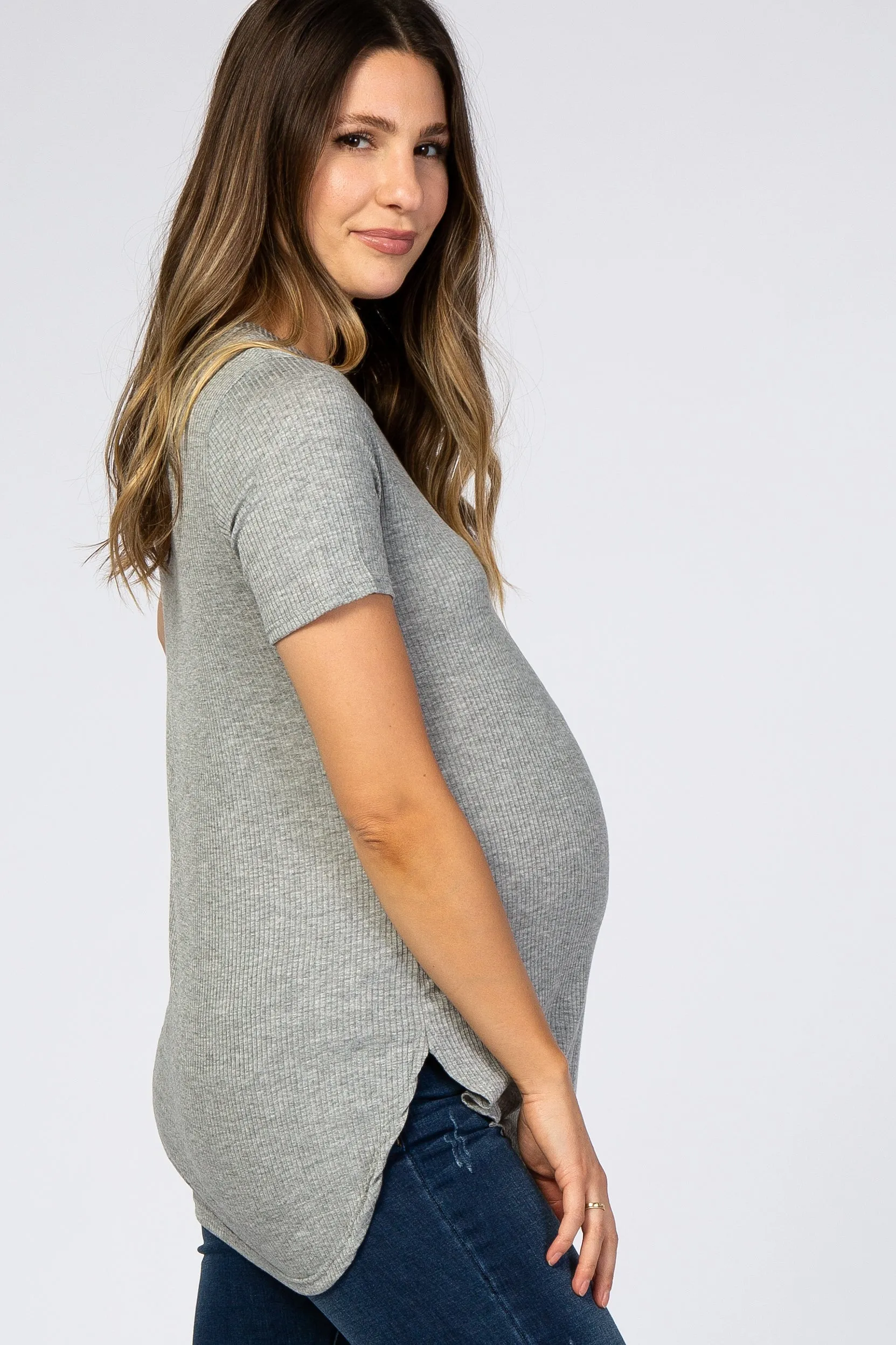 Heather Grey Ribbed Round Hem Maternity Top sold by Pinkblush product image thumbnail 2