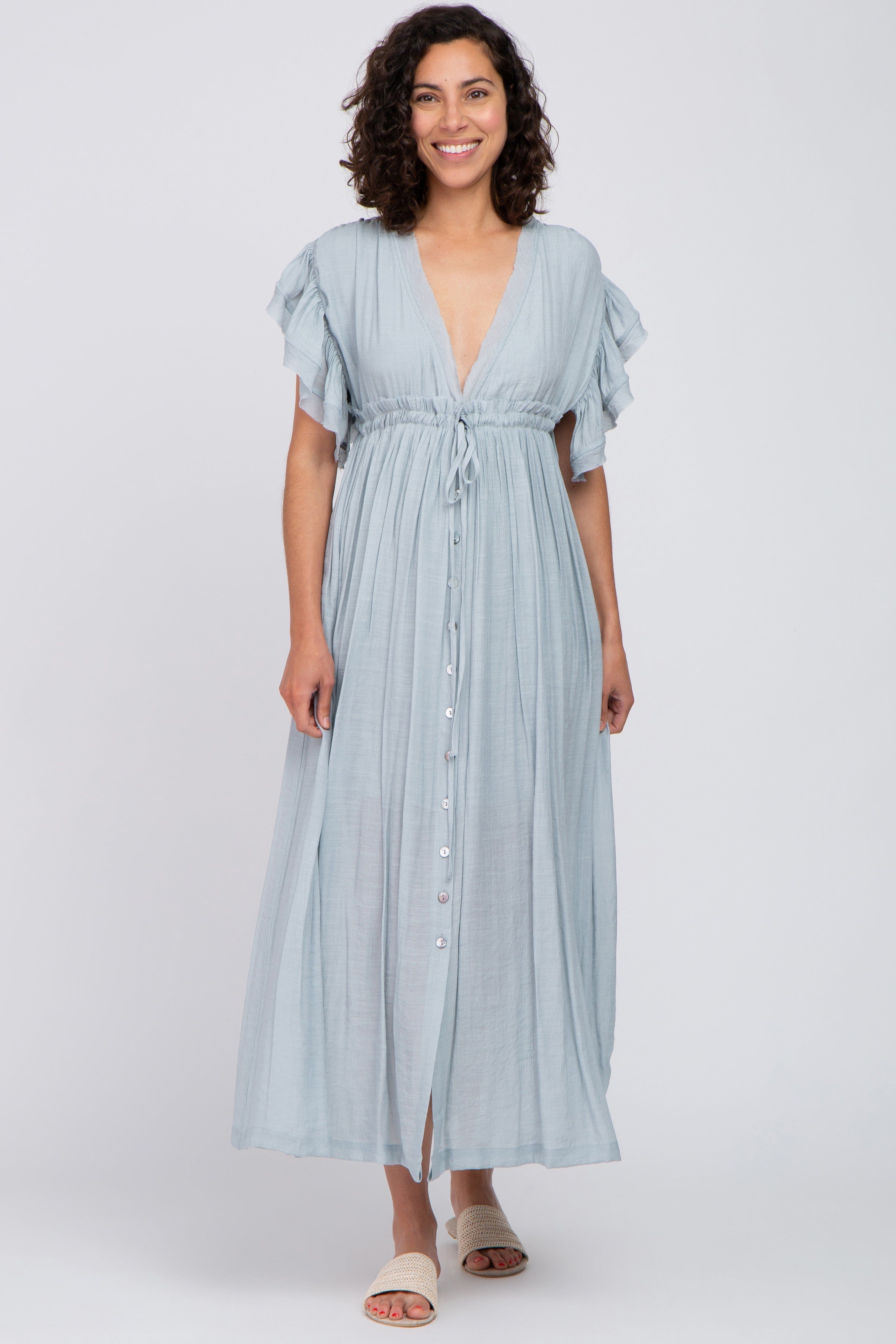 Light Blue Deep V-Neck Button Down Maxi Dress sold by Pinkblush