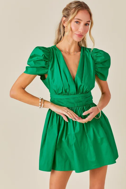 Green V Neck Ruched Waist Puff Sleeve Romper Dress sold by Pinkblush