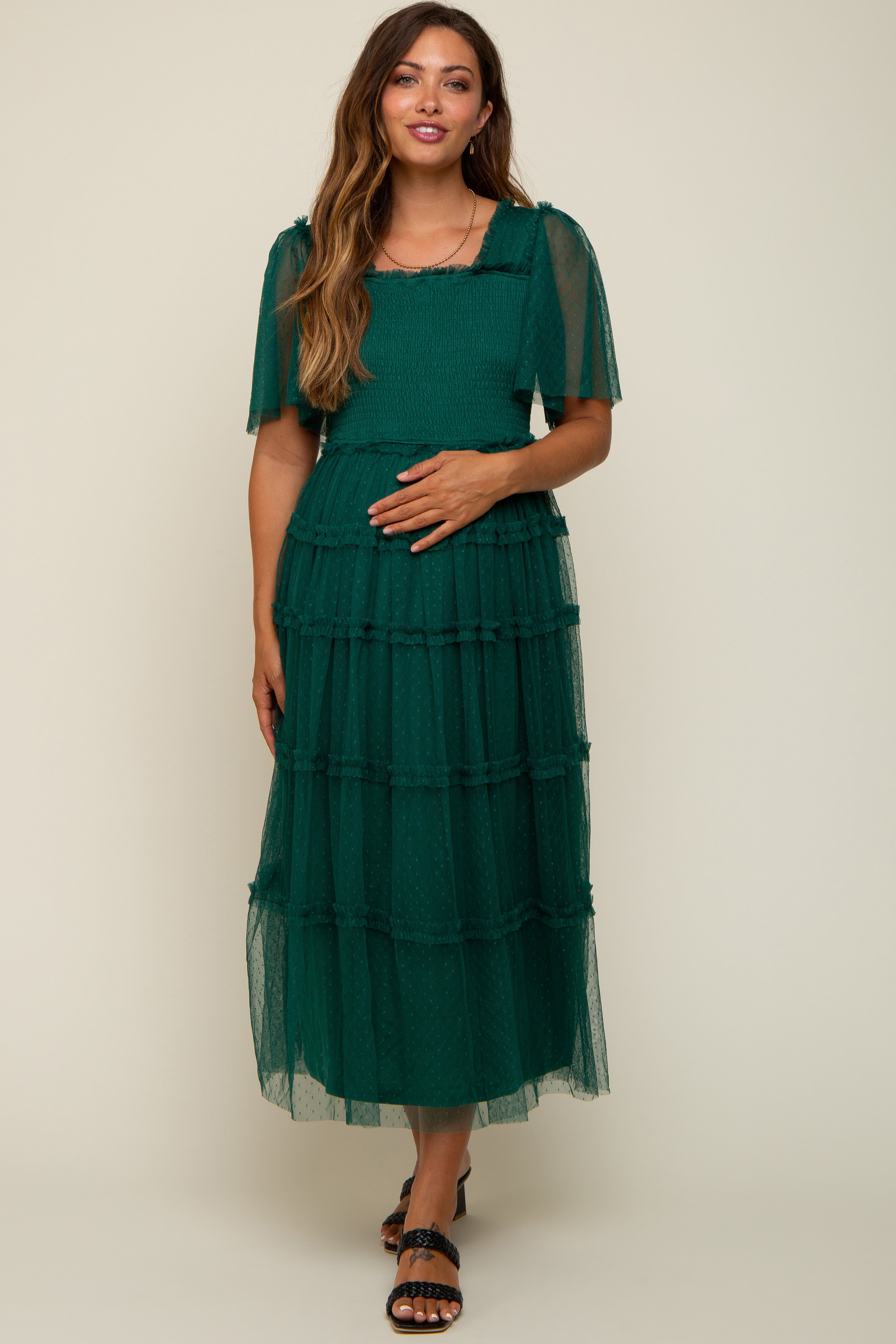Forest Green Ruffled Mesh Maternity Maxi Dress sold by Pinkblush product image thumbnail 4