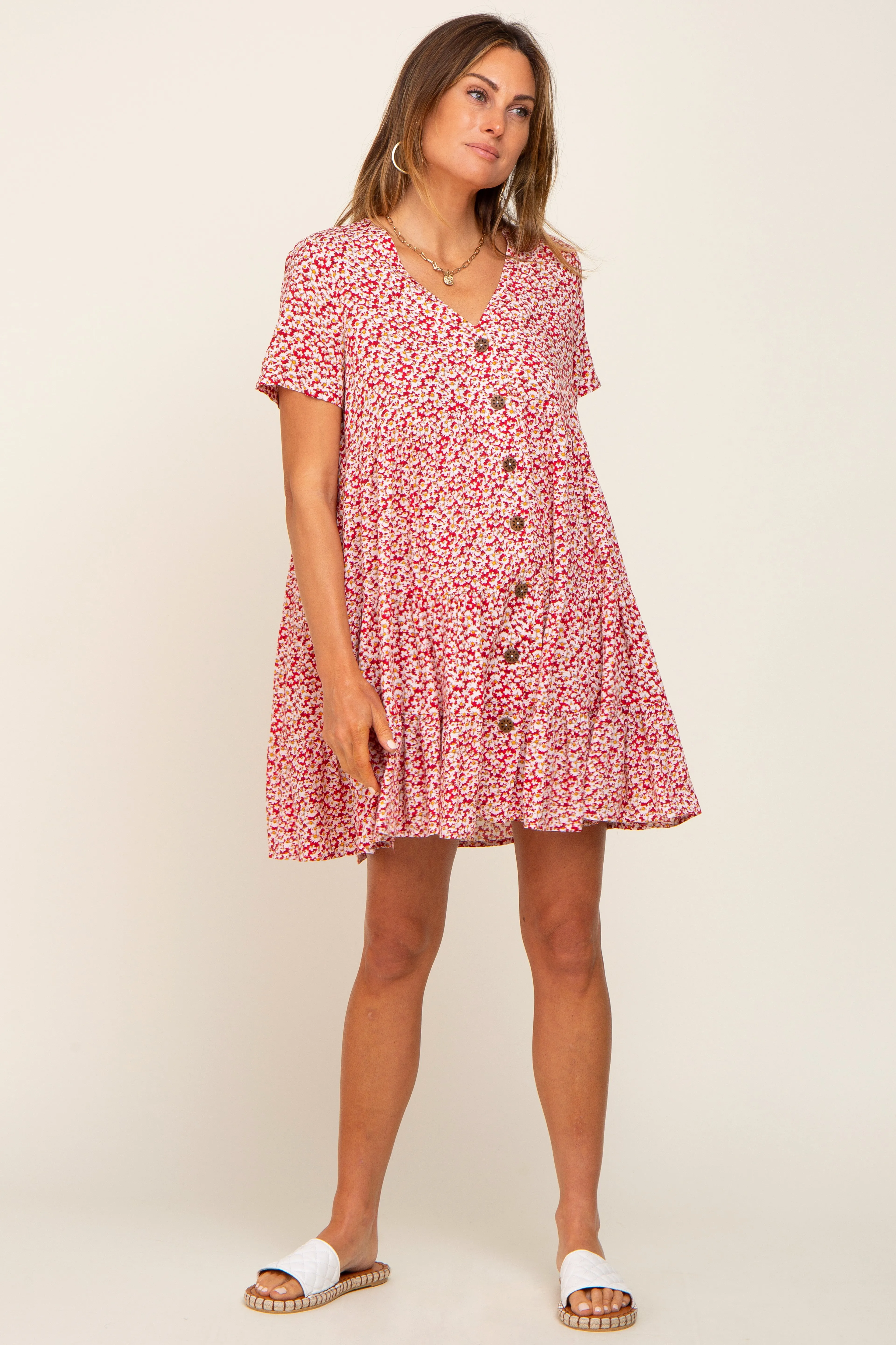 Red Floral Button Down Tiered Dress sold by Pinkblush product image thumbnail 4