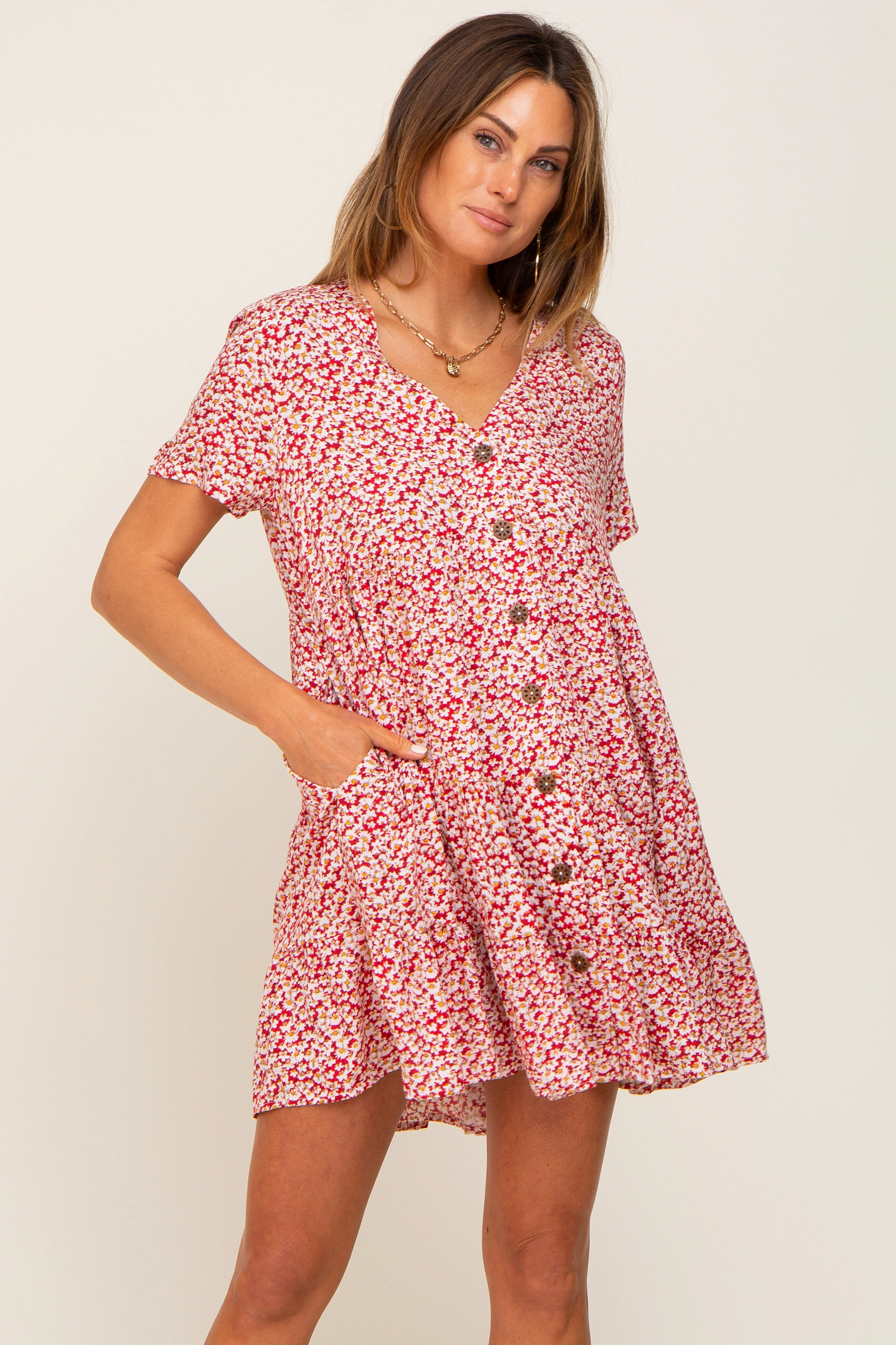 Red Floral Button Down Tiered Dress sold by Pinkblush