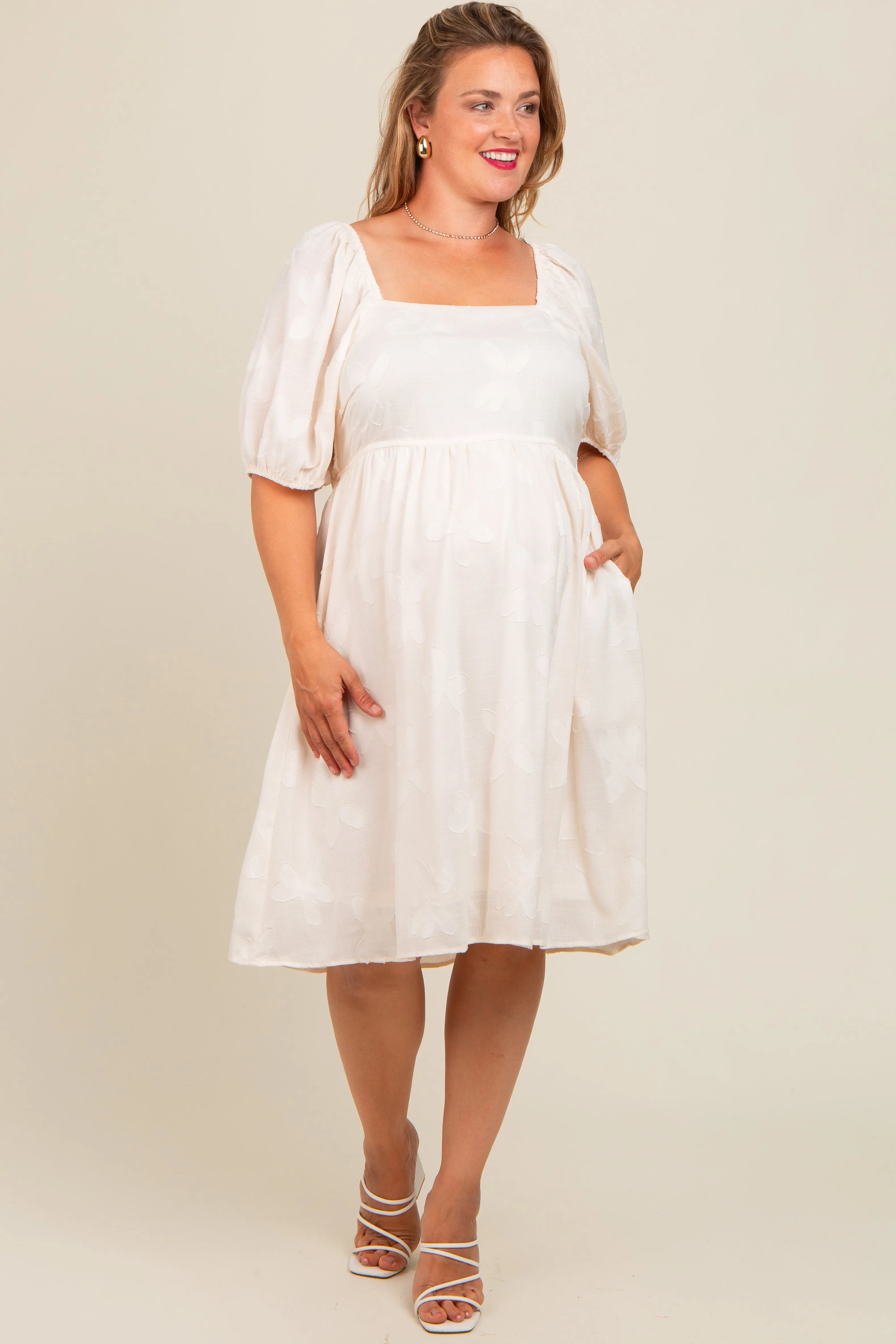 Cream Textured Floral Square Neck Puff Sleeve Maternity Plus Dress sold by Pinkblush