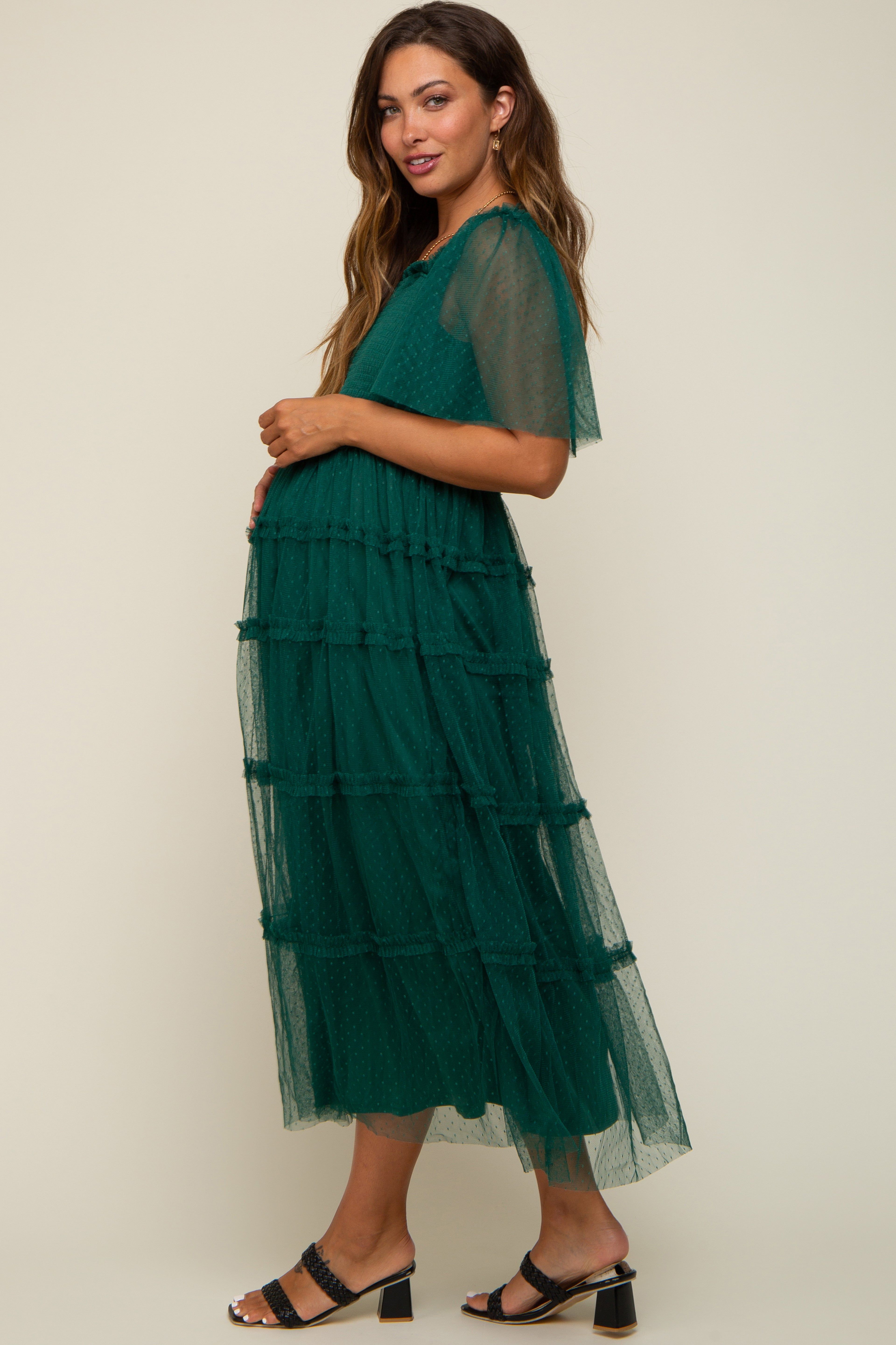 Forest Green Ruffled Mesh Maternity Maxi Dress sold by Pinkblush product image thumbnail 2