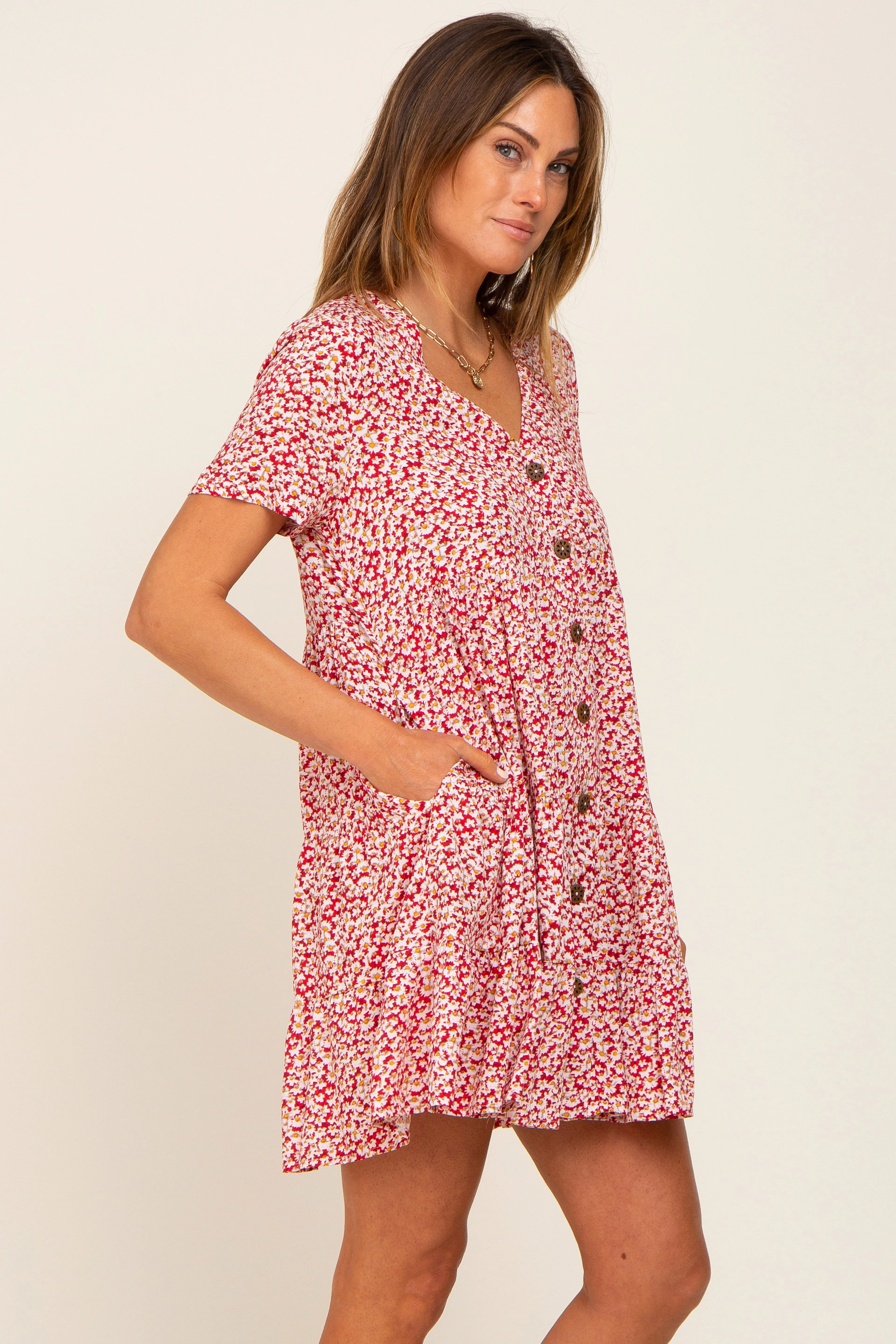 Red Floral Button Down Tiered Dress sold by Pinkblush product image thumbnail 2