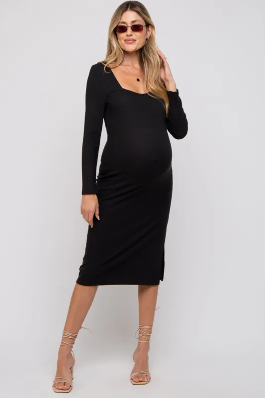 Black Ribbed Side Slit Maternity Midi Dress sold by Pinkblush
