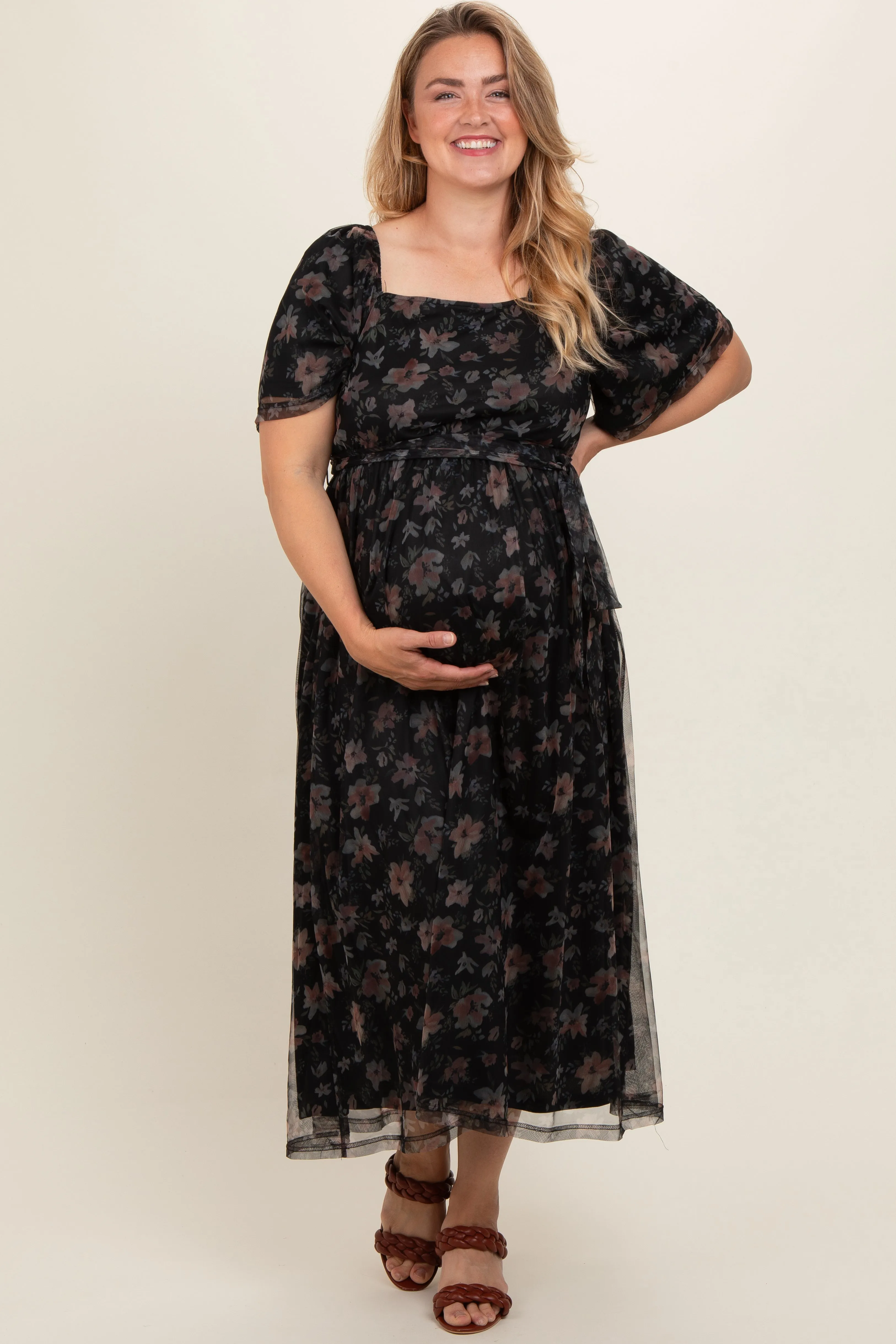 Black Floral Waist Tie Plus Maternity Midi Dress sold by Pinkblush product image thumbnail 2