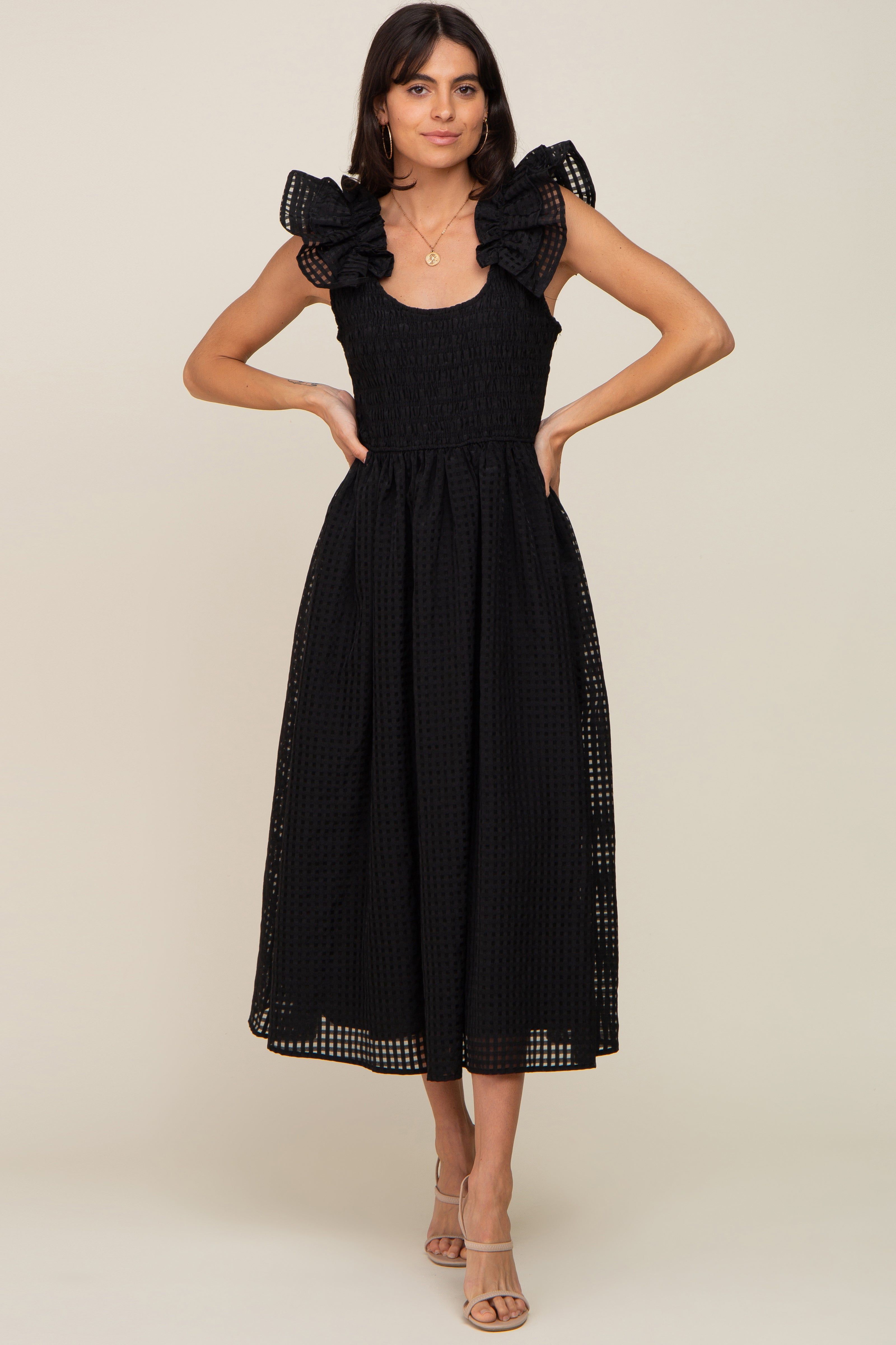 Black Checkered Ruffle Midi Dress sold by Pinkblush