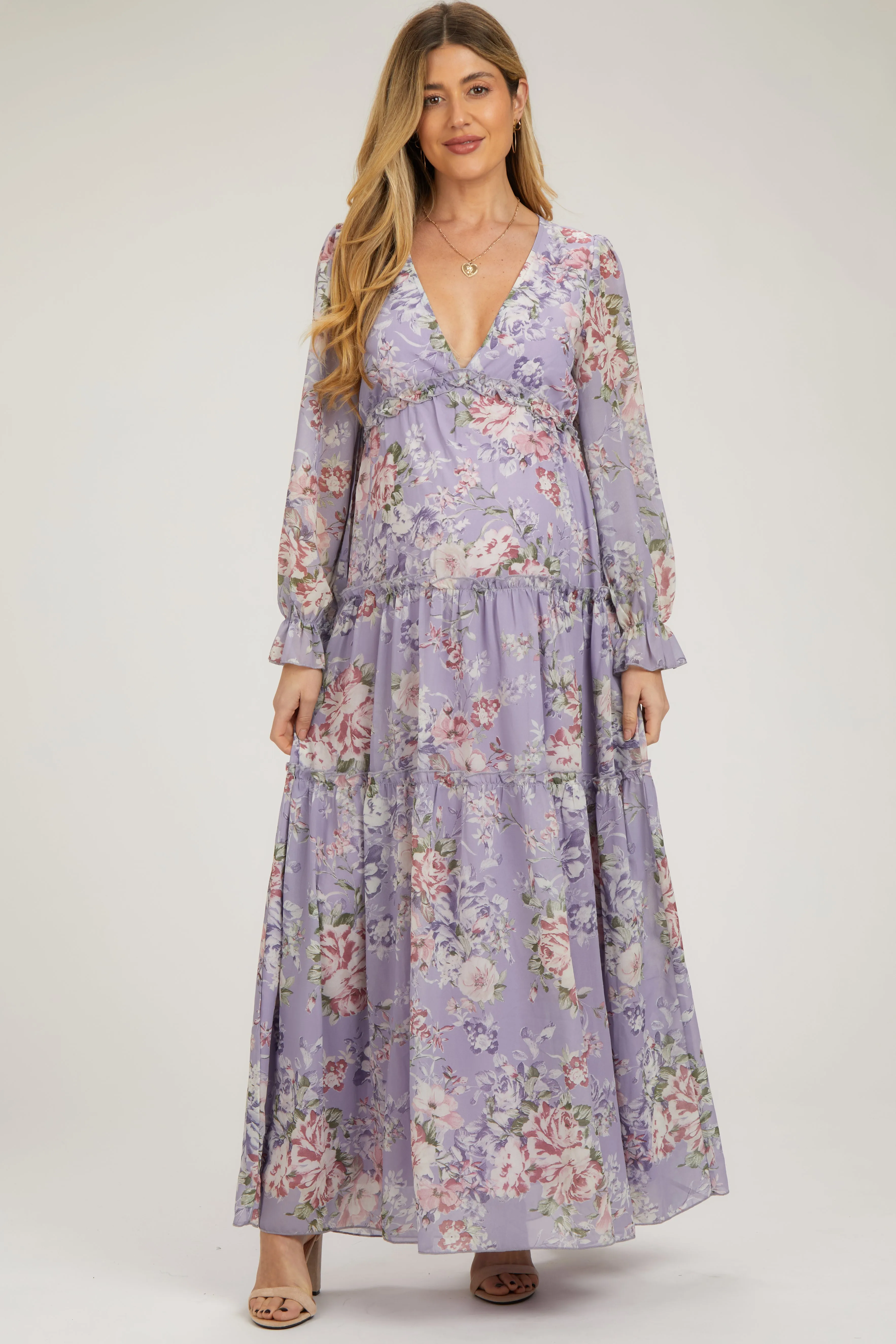 Lavender Floral Chiffon Deep V Ruffle Tiered Maternity Maxi Dress sold by Pinkblush product image thumbnail 2