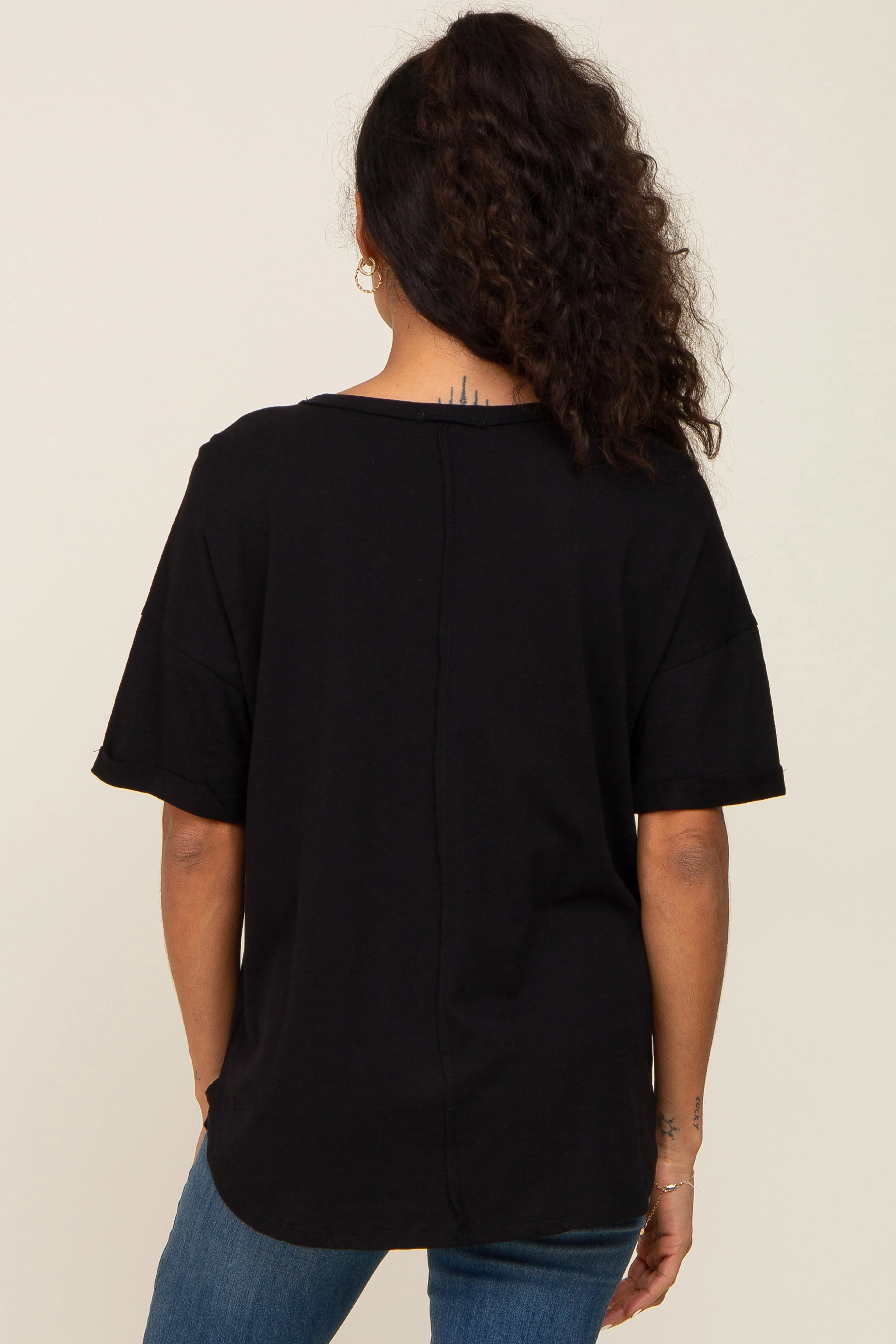 Black Oversized V-Neck Cuffed Short Sleeve Tee sold by Pinkblush product image thumbnail 3