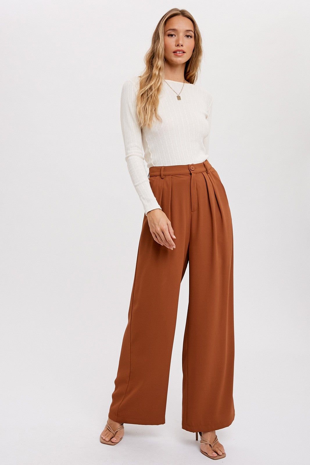 Hazelnut Pintuck Wide Leg Pants sold by Pinkblush
