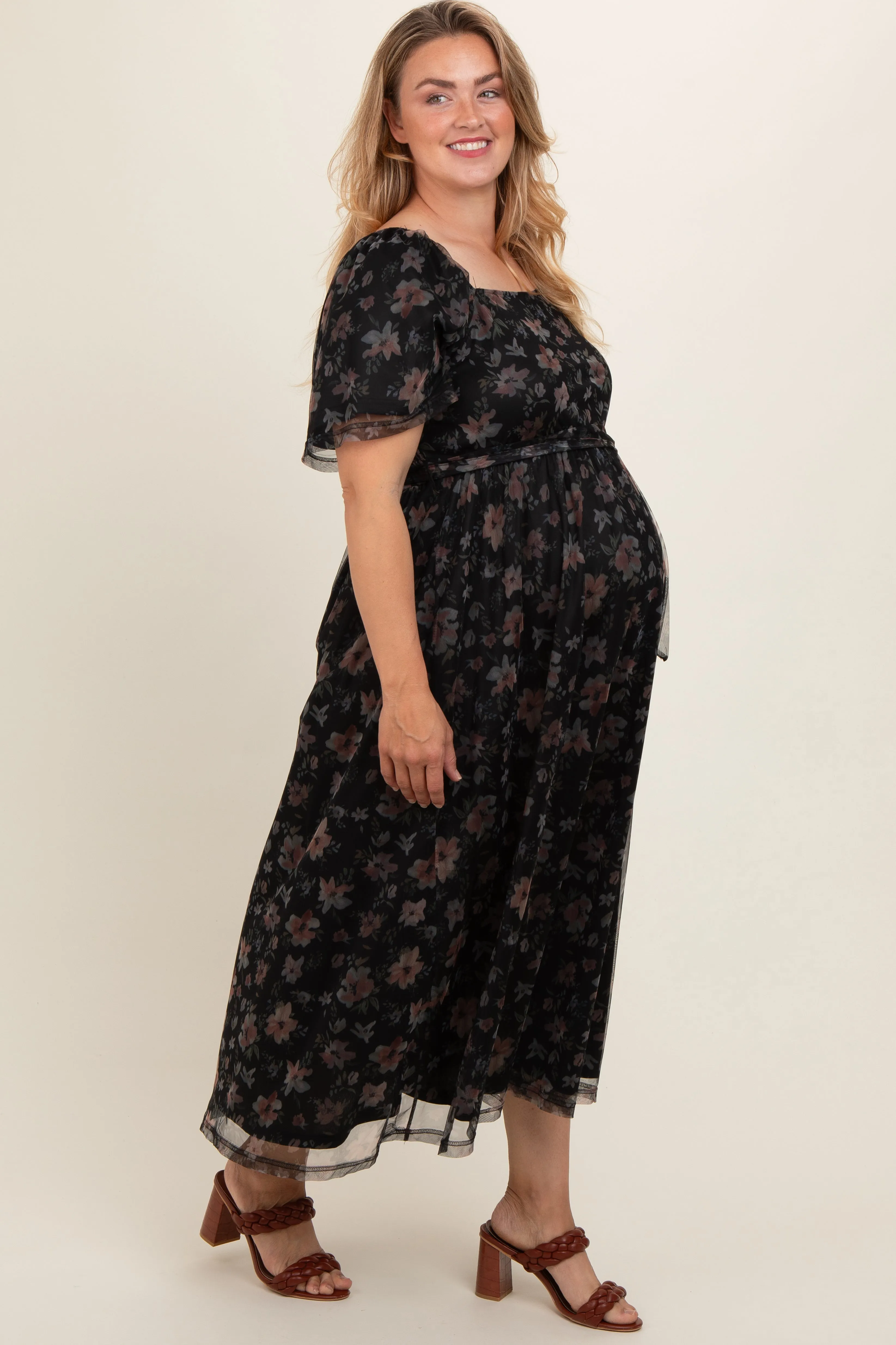 Black Floral Waist Tie Plus Maternity Midi Dress sold by Pinkblush product image thumbnail 3