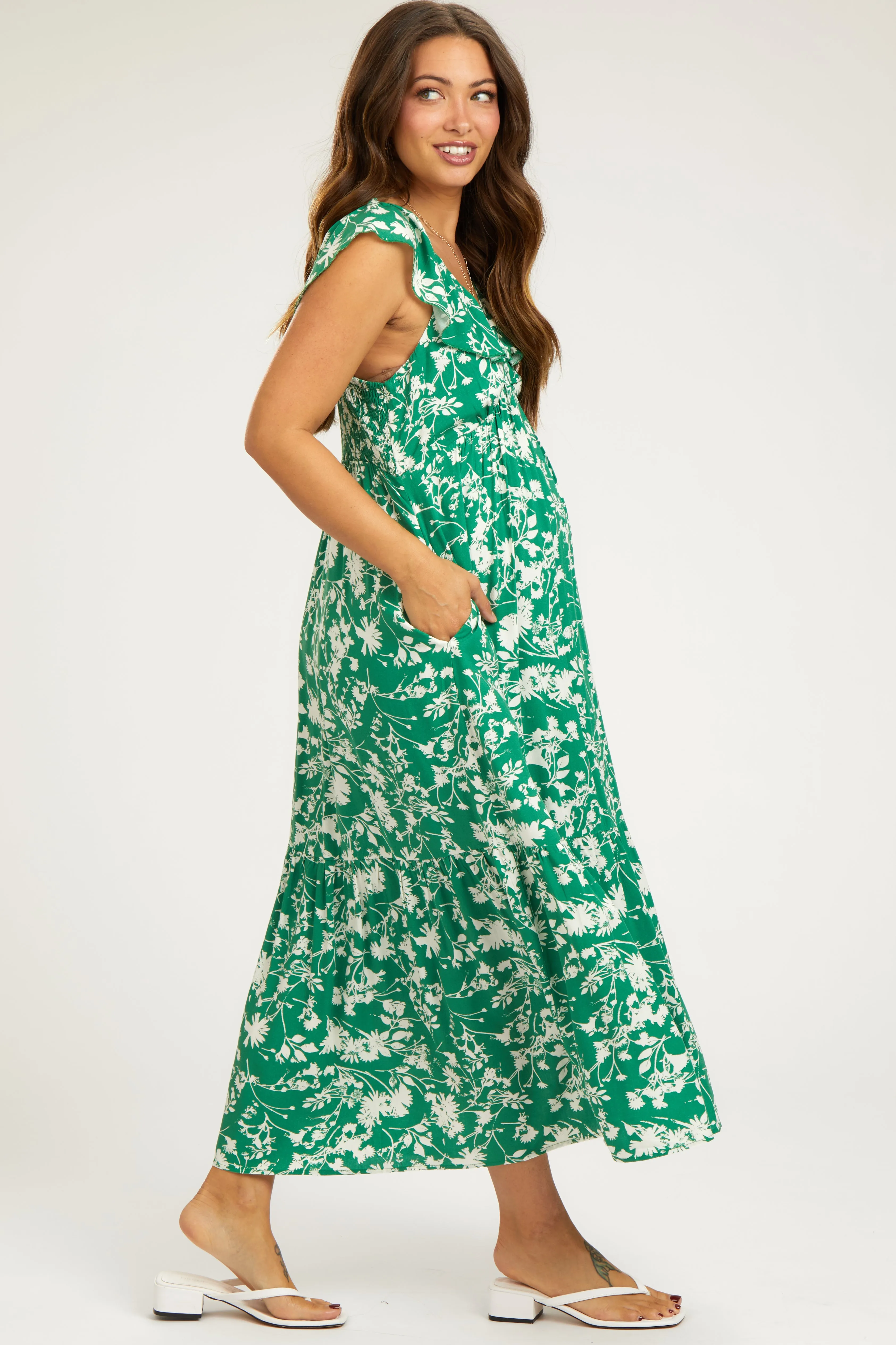 Green Floral Ruffle Maternity Midi Dress sold by Pinkblush product image thumbnail 3
