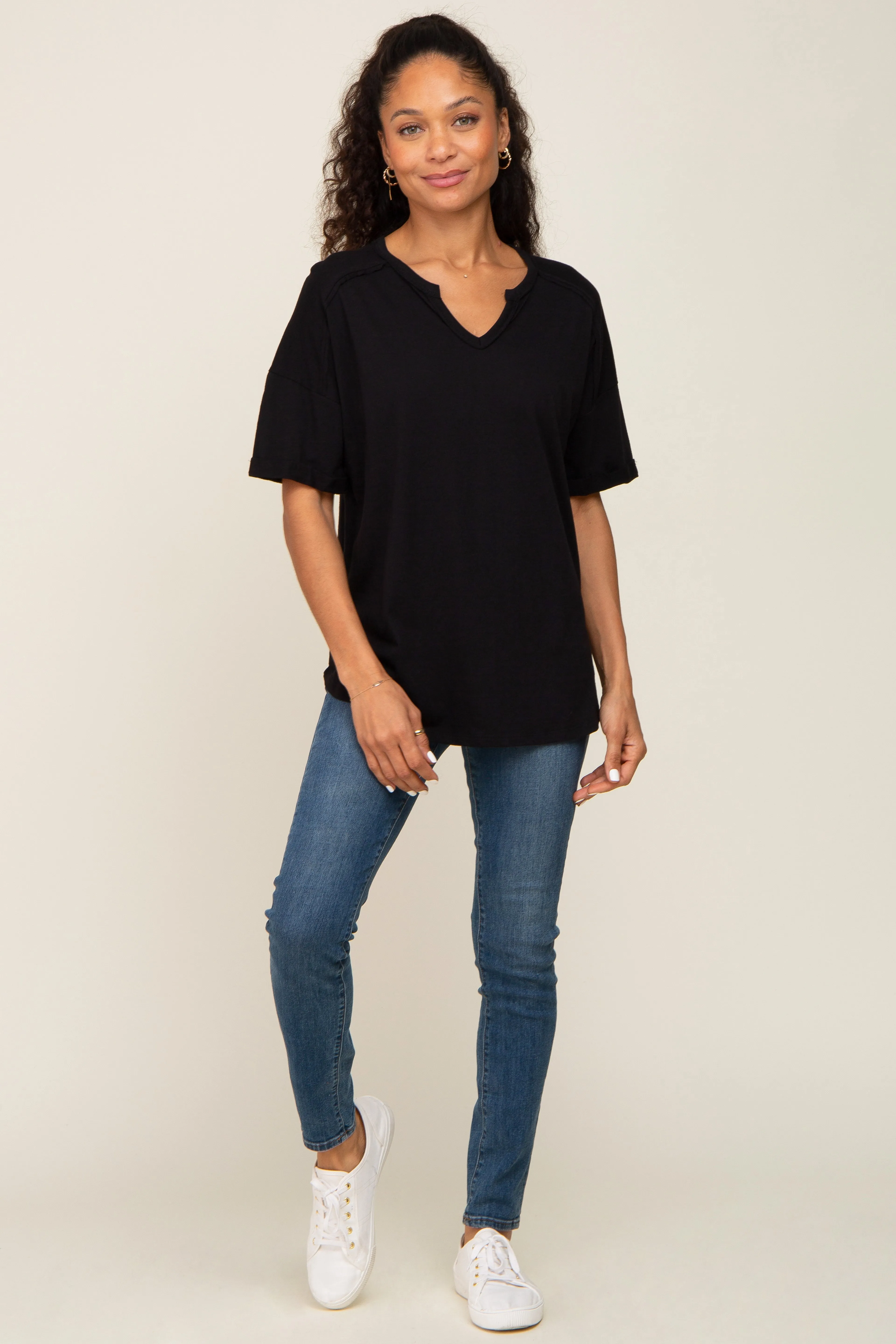 Black Oversized V-Neck Cuffed Short Sleeve Tee sold by Pinkblush product image thumbnail 4