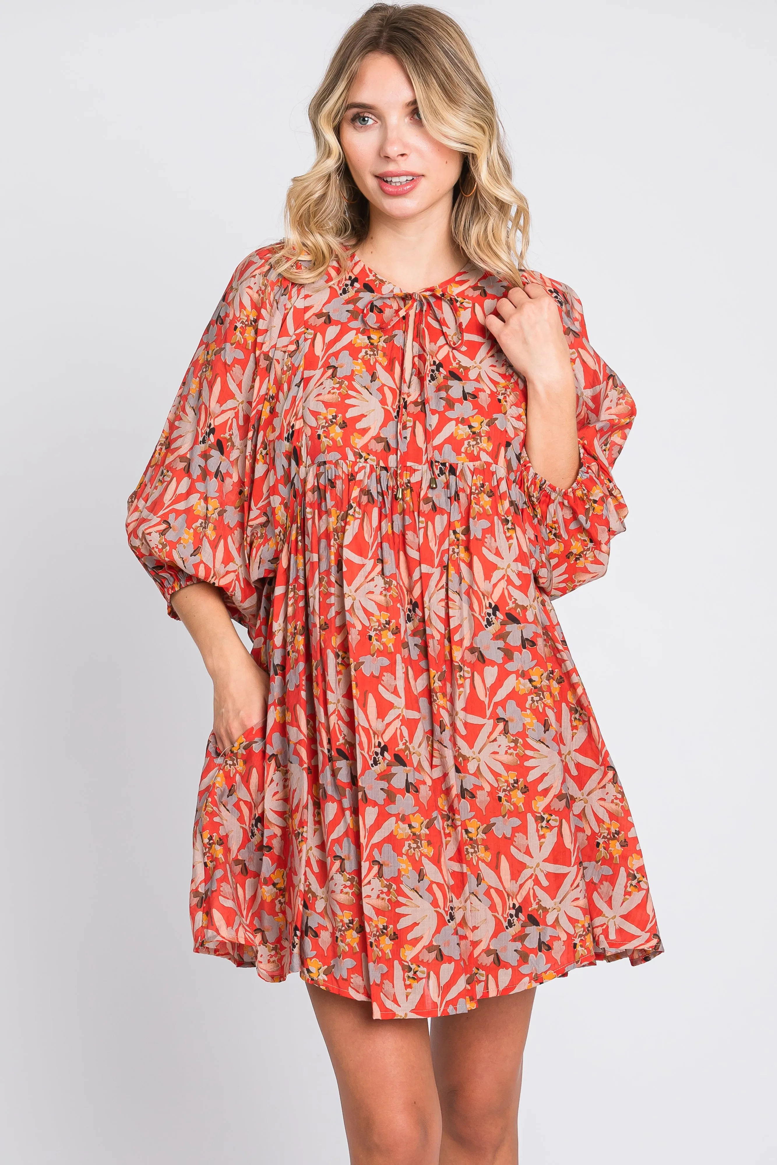 Orange Floral 3/4 Sleeve Dress sold by Pinkblush product image thumbnail 2