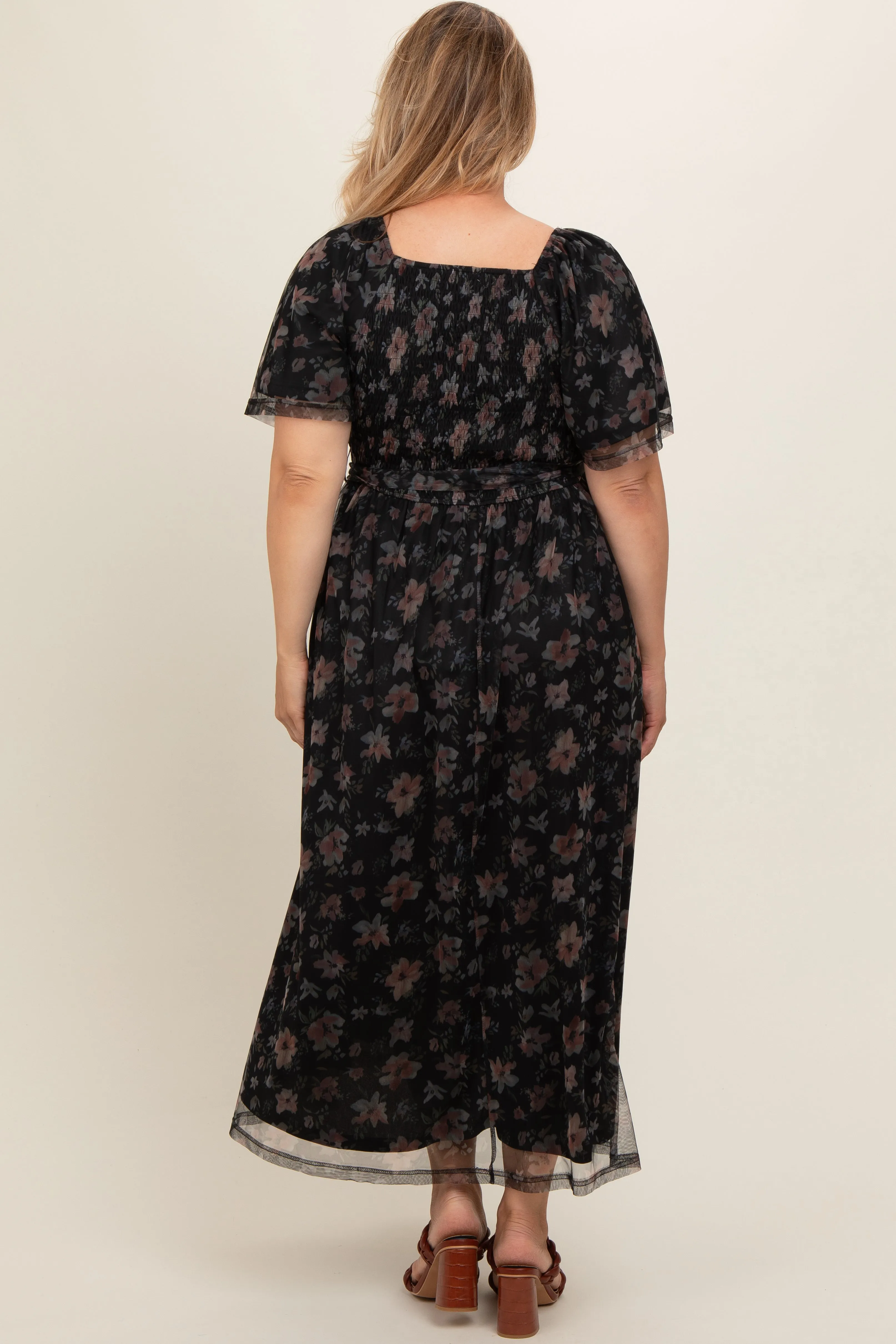 Black Floral Waist Tie Plus Maternity Midi Dress sold by Pinkblush product image thumbnail 4
