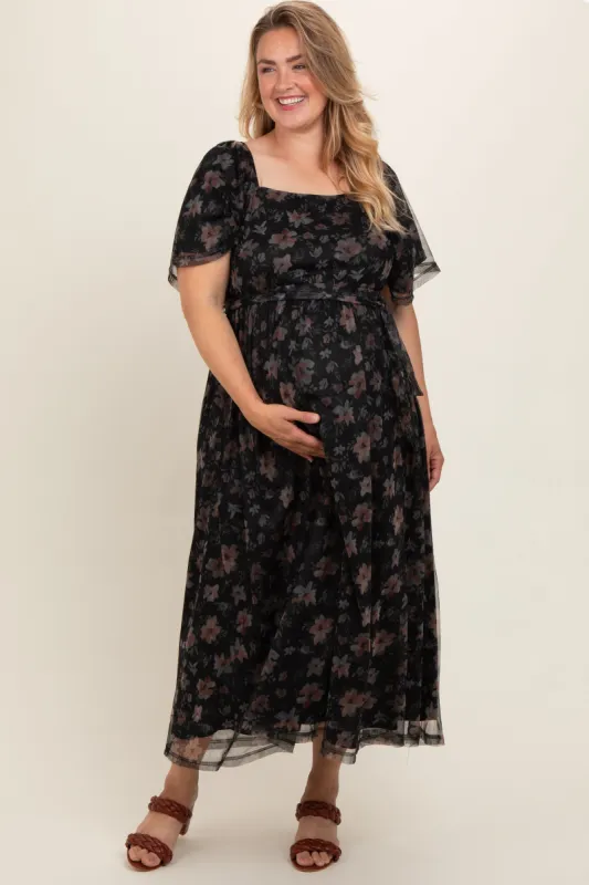 Black Floral Waist Tie Plus Maternity Midi Dress sold by Pinkblush